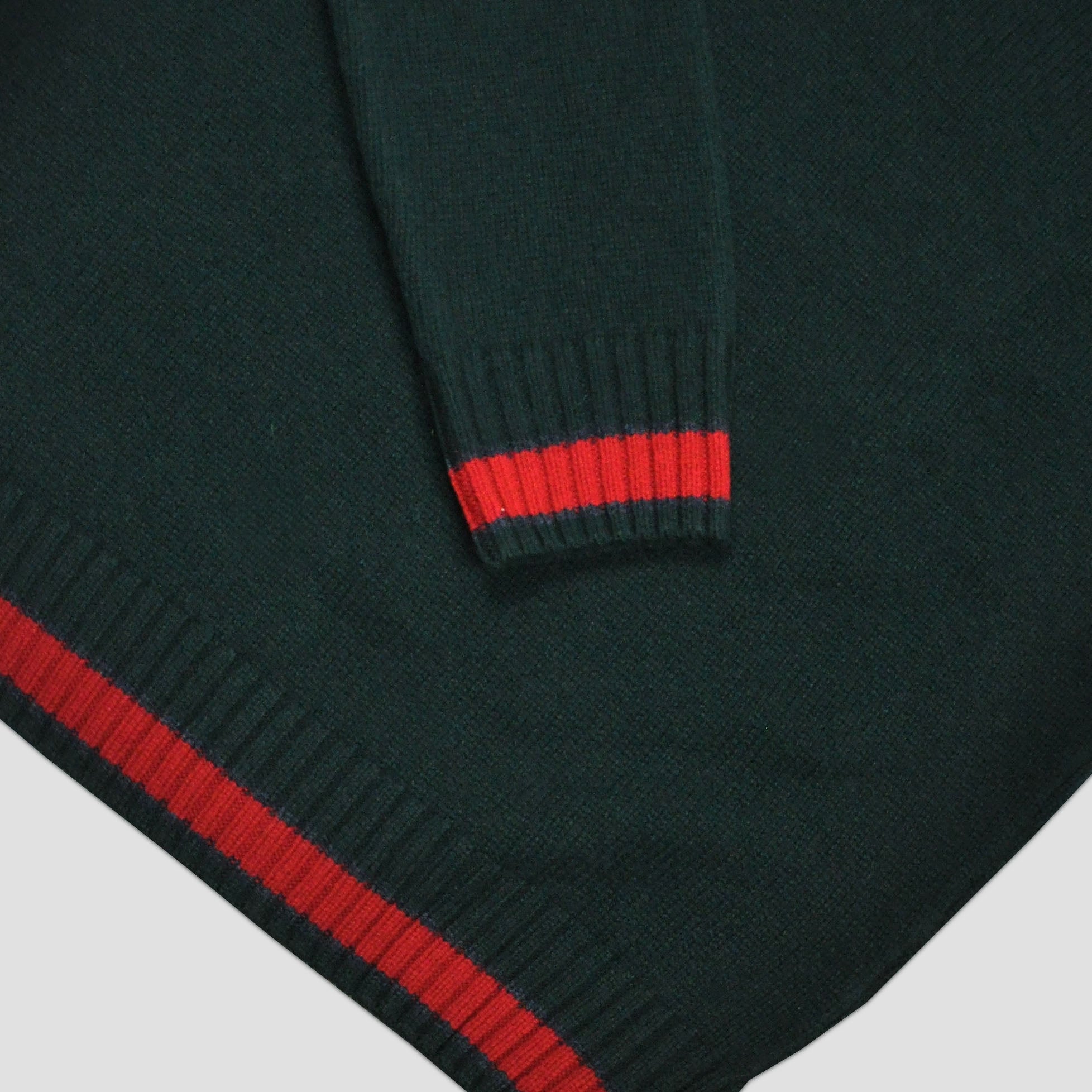 Merino Wool V-Neck Cricket Style Jumper in Bottle Green with Red Trim