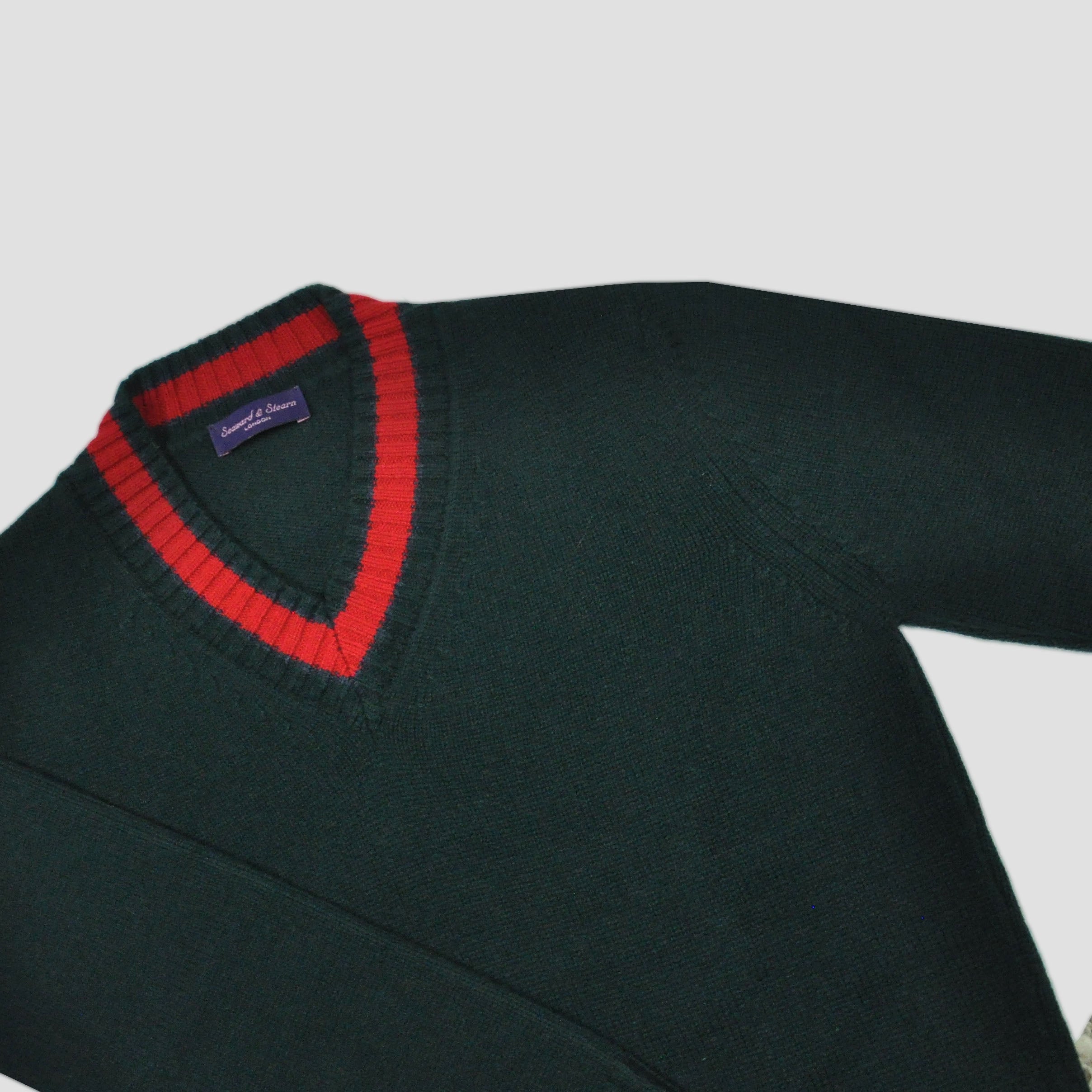 Merino Wool V-Neck Cricket Style Jumper in Bottle Green with Red Trim