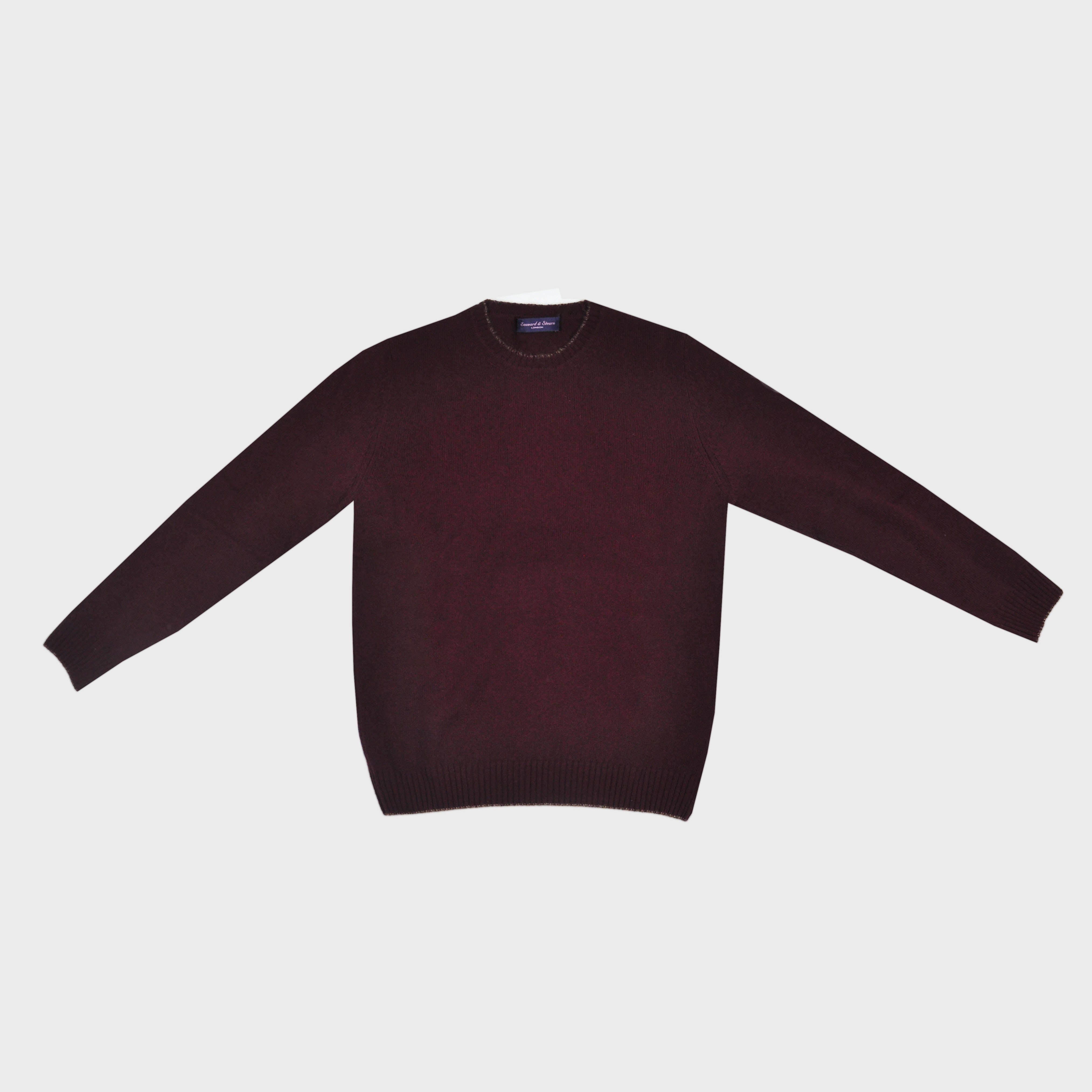 Merino Wool Crew Neck Jumper in Claret with Light Brown Trim