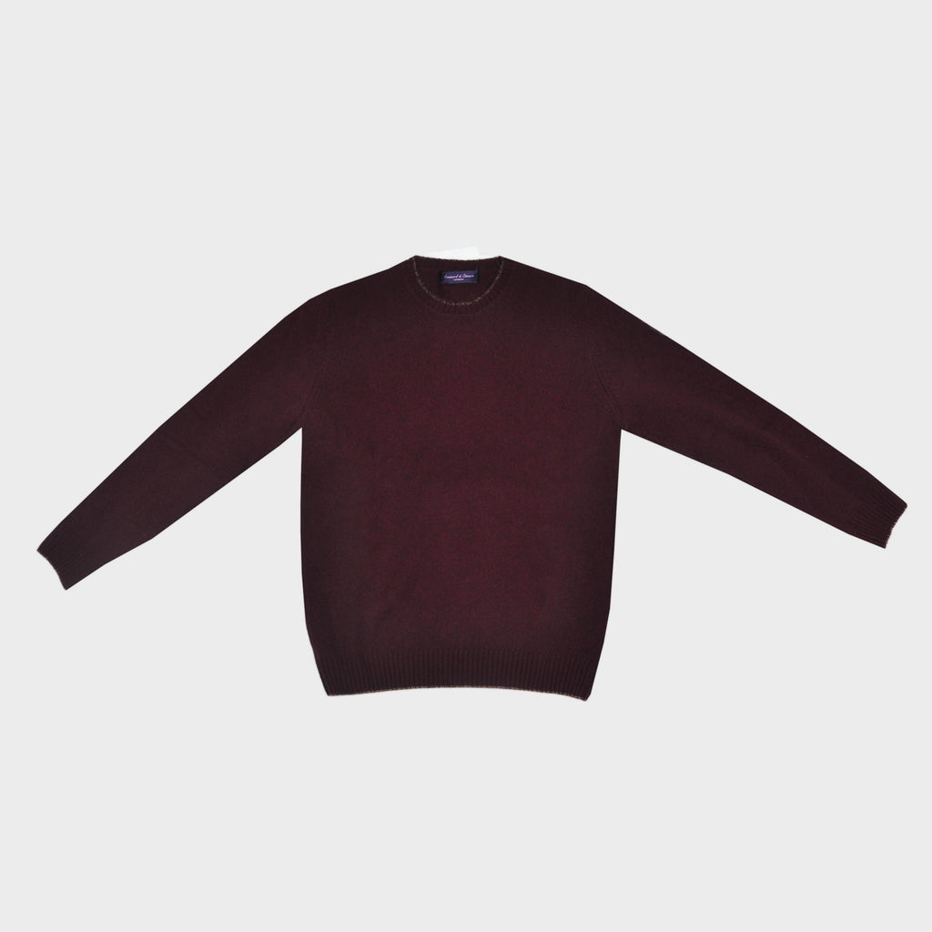 Merino Wool Crew Neck Jumper in Claret with Light Brown Trim