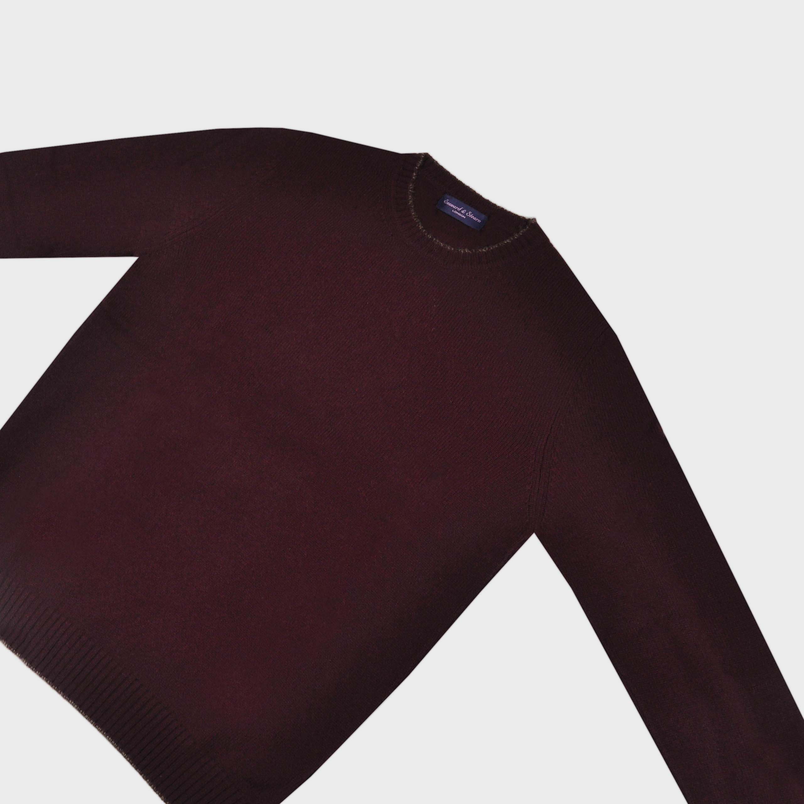 Merino Wool Crew Neck Jumper in Claret with Light Brown Trim