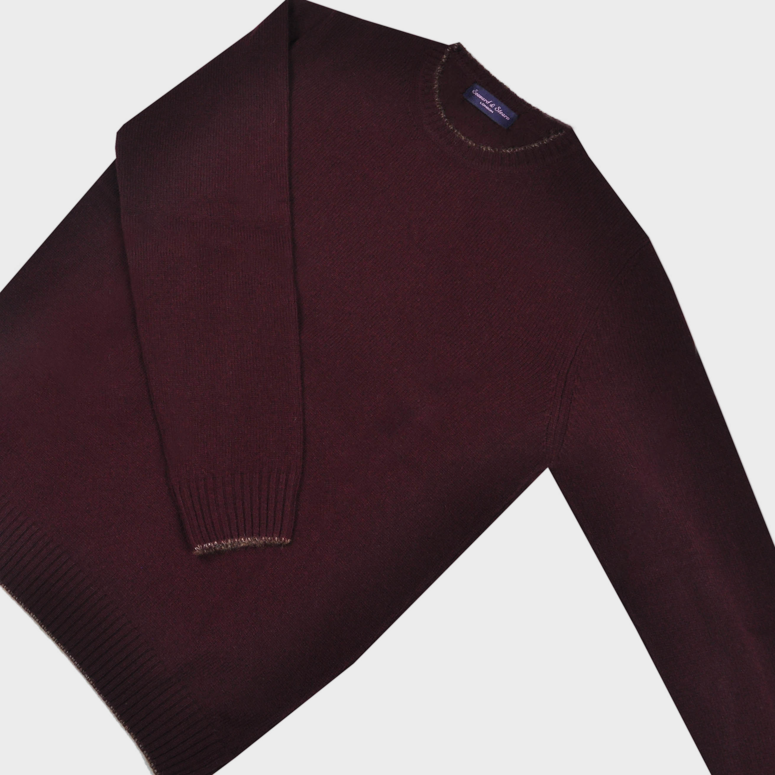 Merino Wool Crew Neck Jumper in Claret with Light Brown Trim