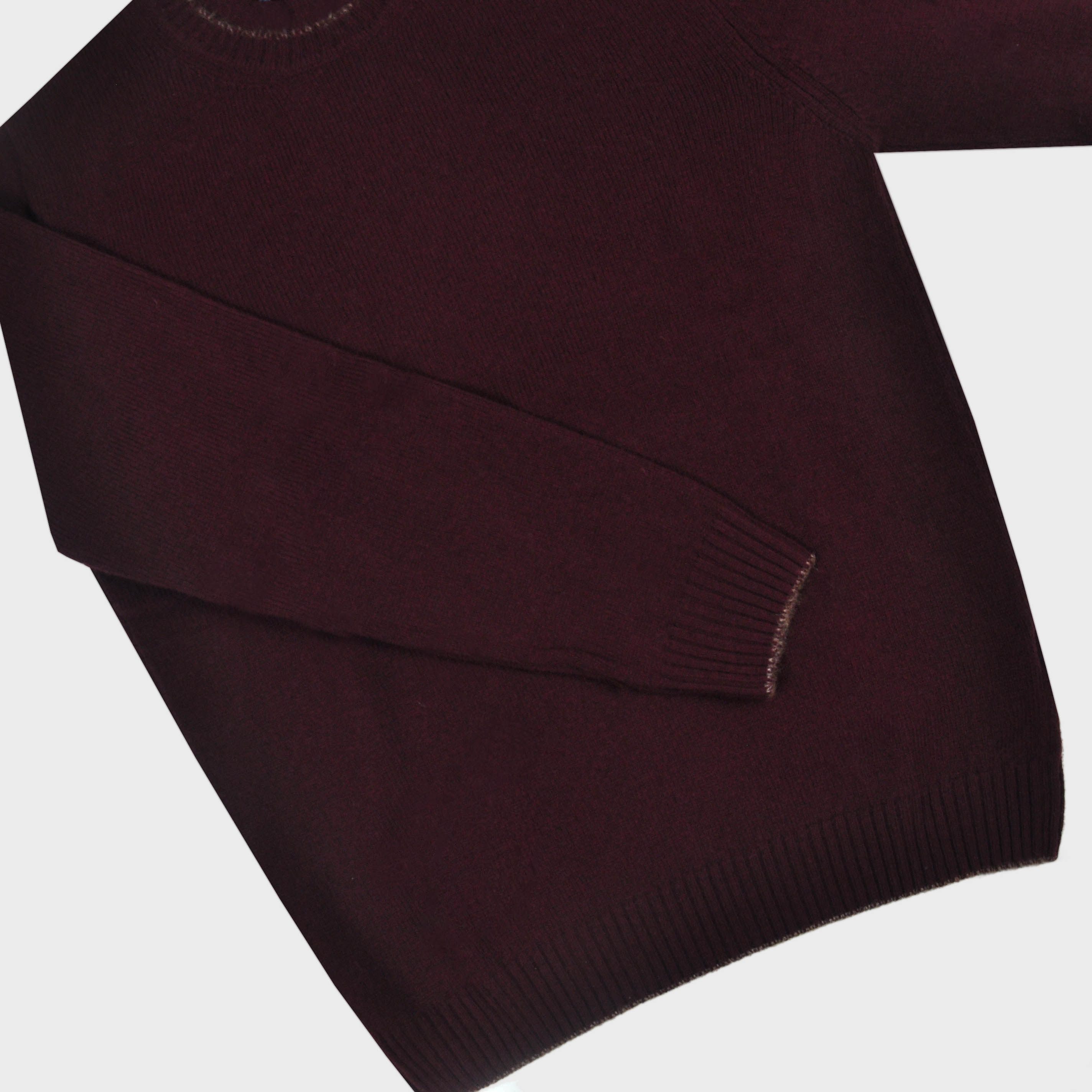 Merino Wool Crew Neck Jumper in Claret with Light Brown Trim