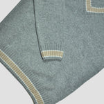 Merino Wool V-Neck Cricket Style Jumper in Grey with Beige Trim