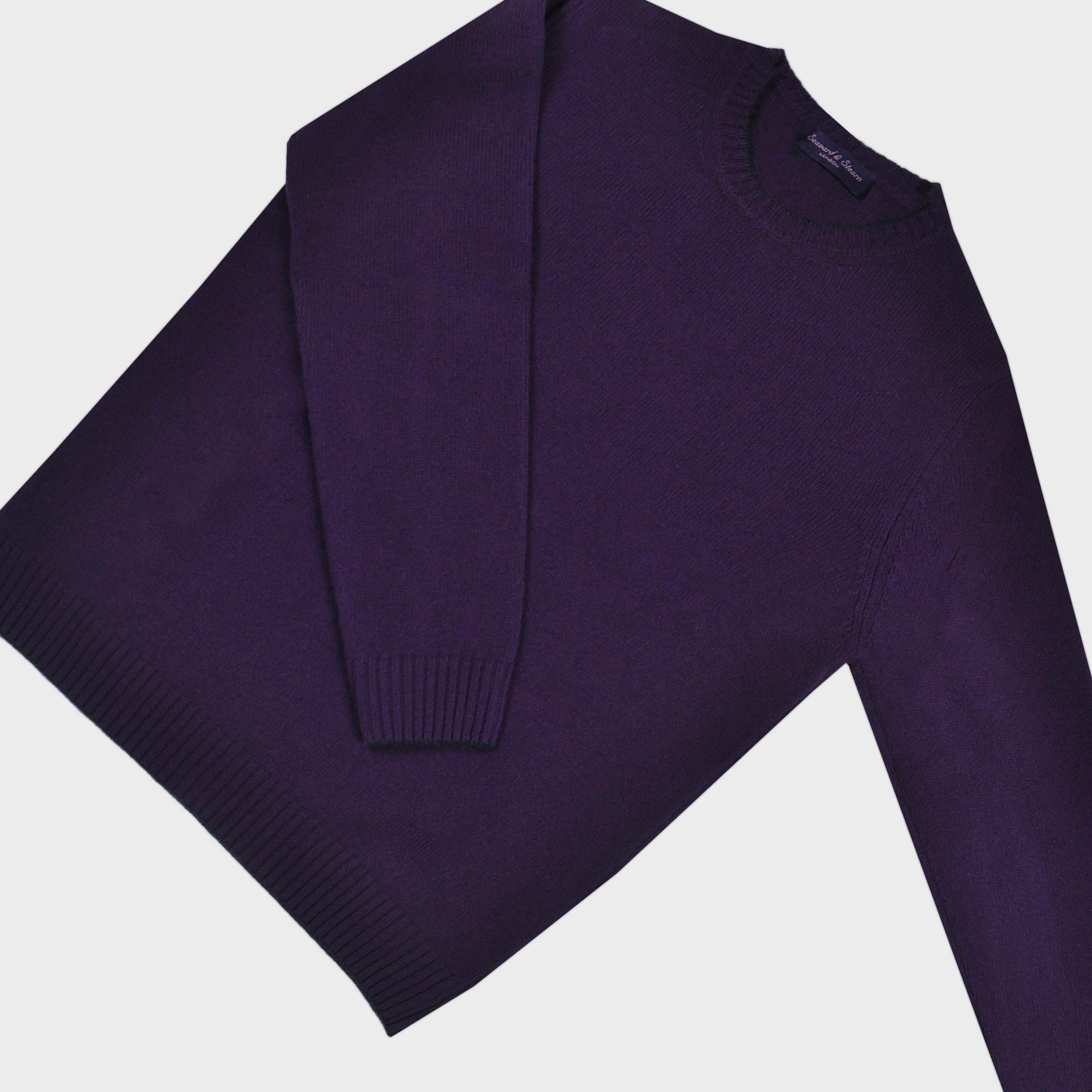 Merino Wool Crew Neck Jumper in Purple with Navy Trim