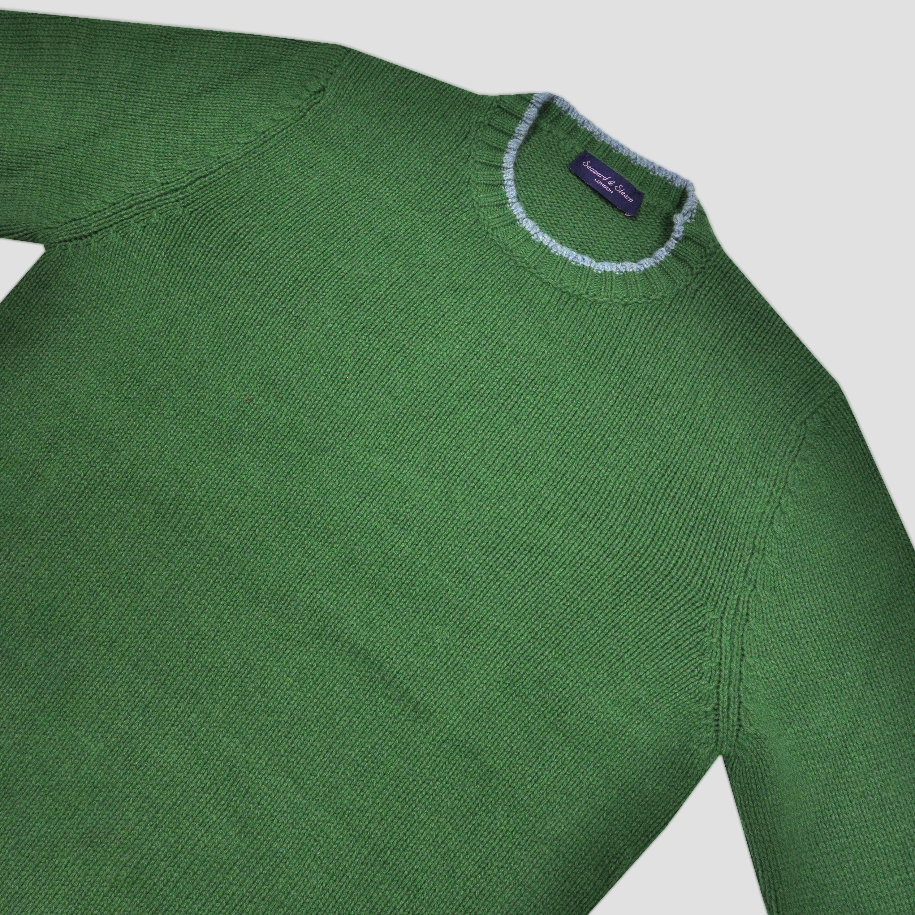 Yak's Wool Crew Neck Jumper in Lawn Green with Sky Blue Trim