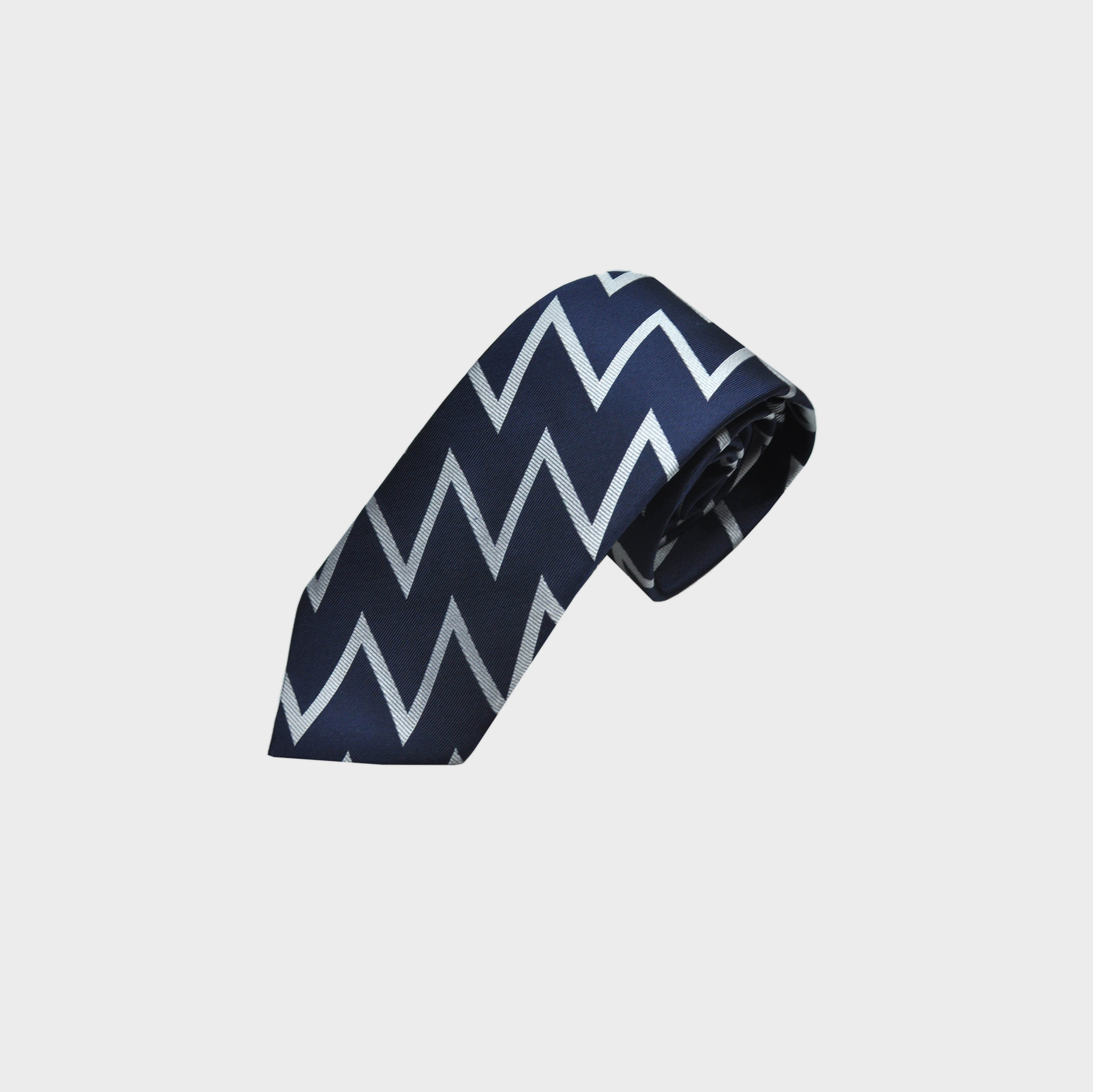 Zig Zag Woven Silk Tie in Navy & Silver