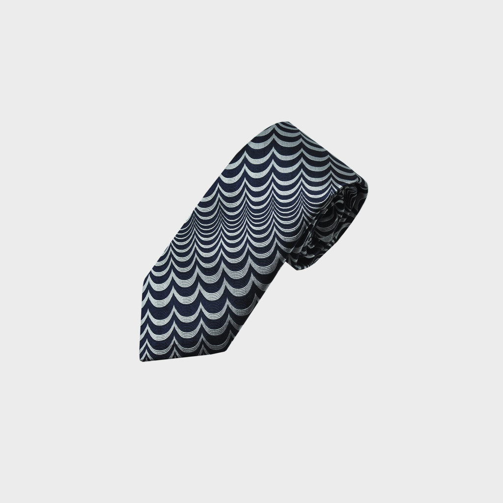 Geometric Wave Woven Silk Tie in Navy & Silver