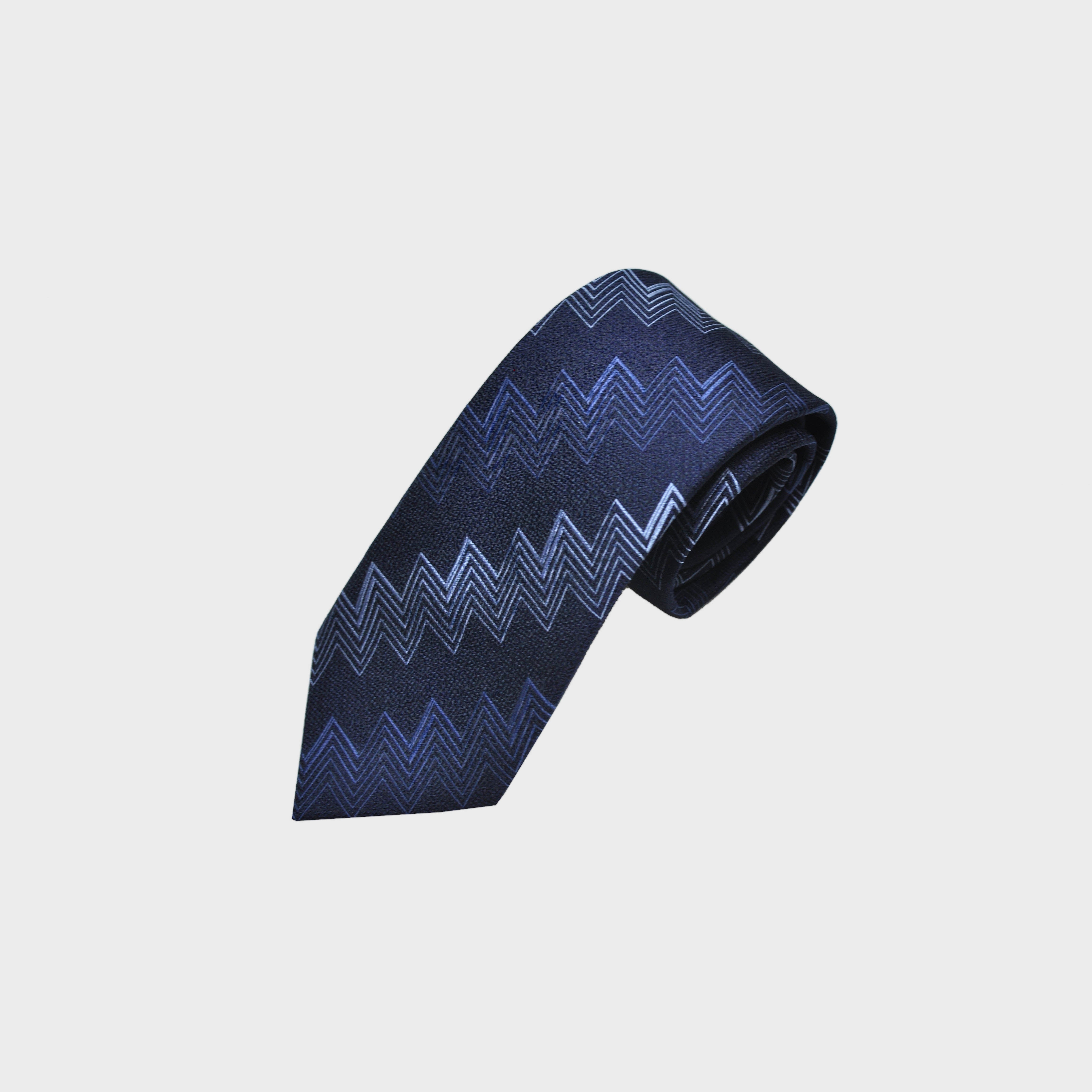 Repeat Zig Zags Woven Silk Tie in Navy & Blue & Silver