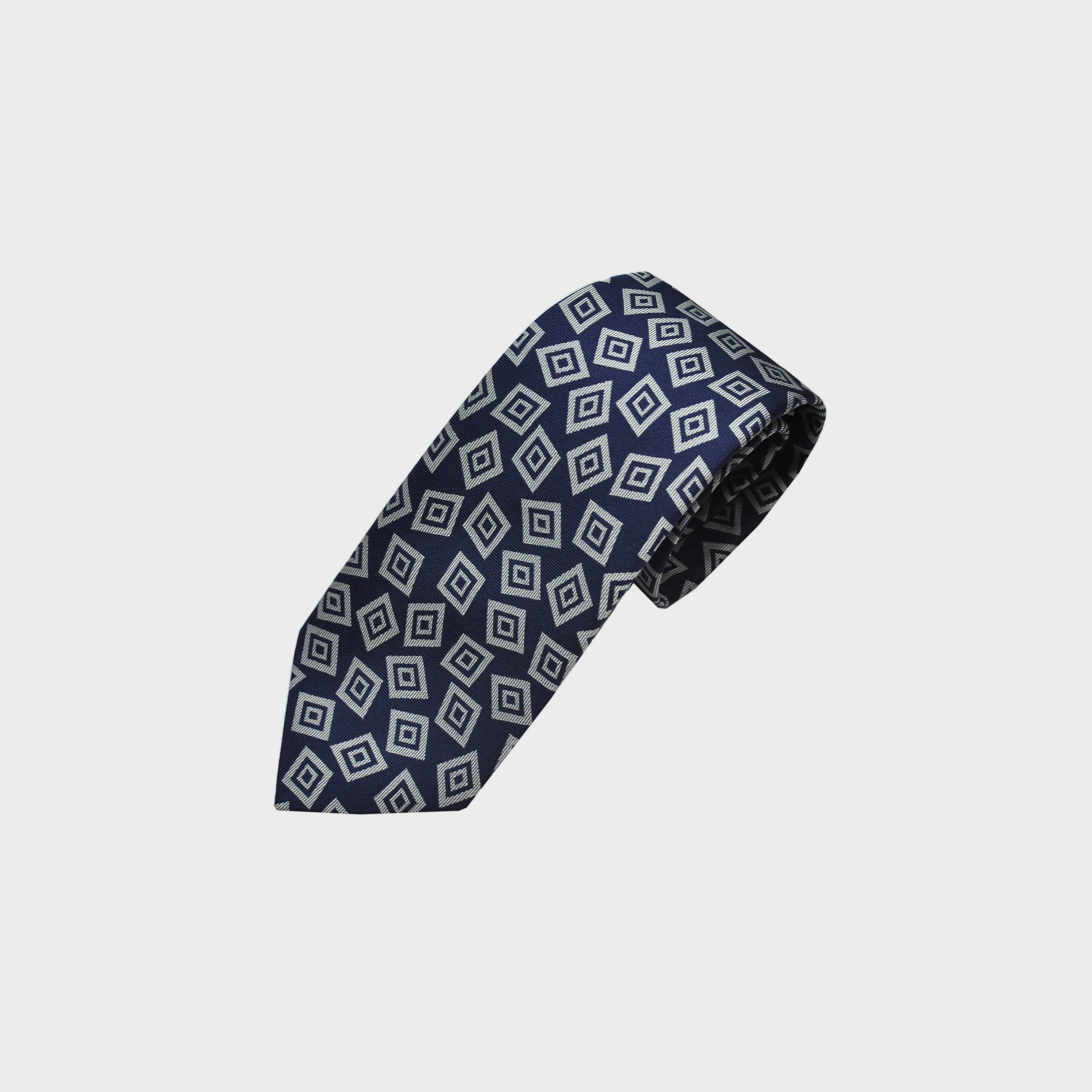 Little Repeat Geometric Squares Woven Silk Tie in Navy & Silver