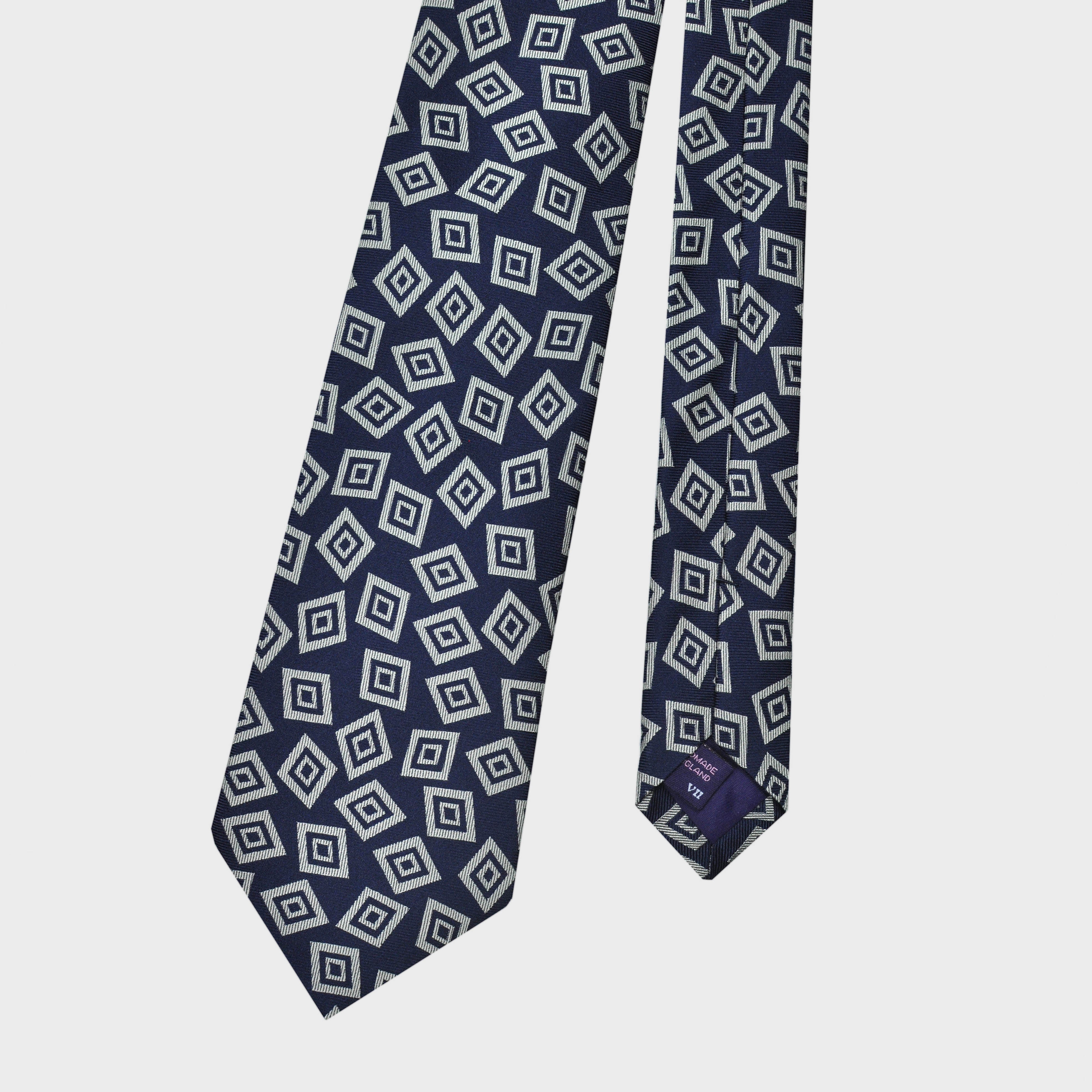 Little Repeat Geometric Squares Woven Silk Tie in Navy & Silver