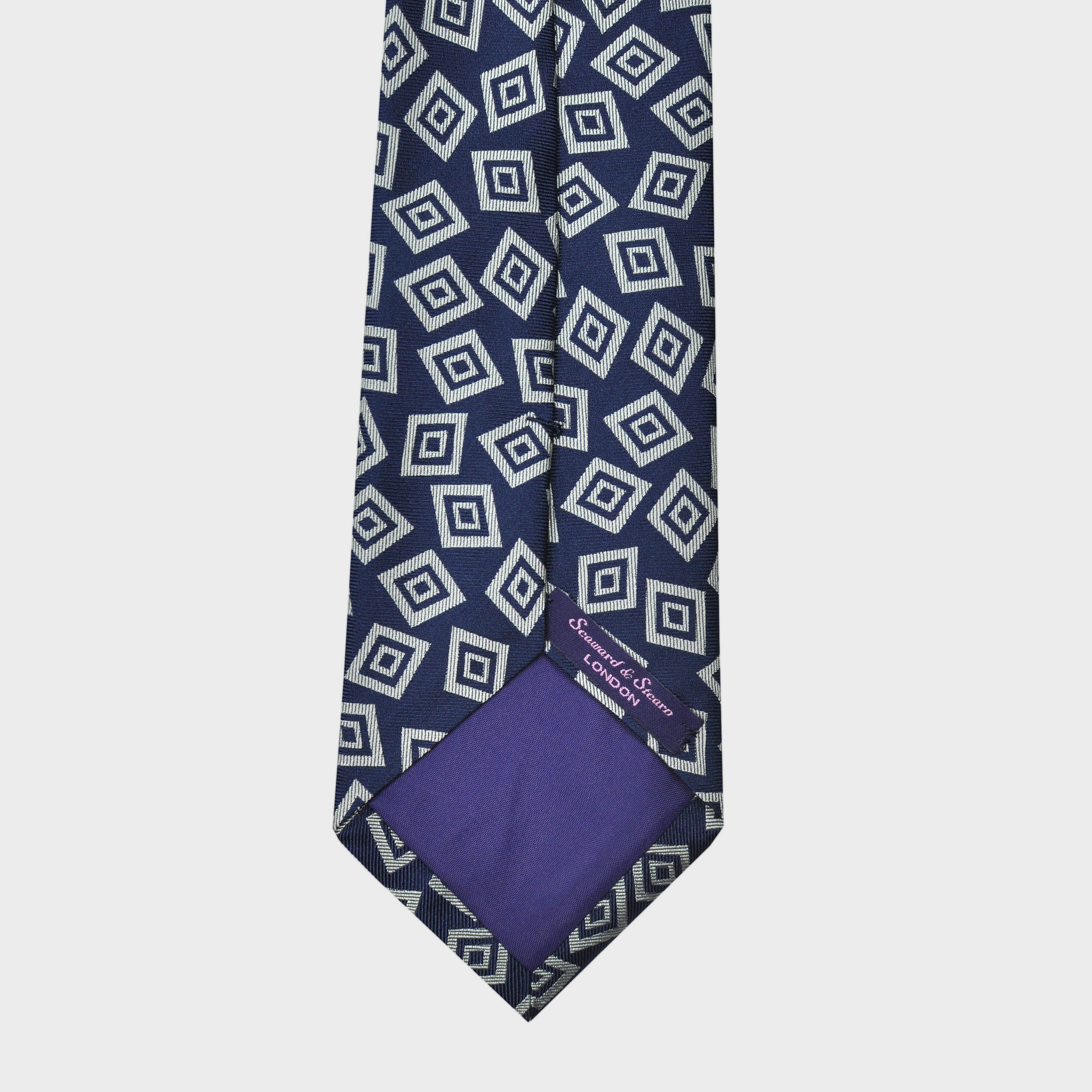 Little Repeat Geometric Squares Woven Silk Tie in Navy & Silver
