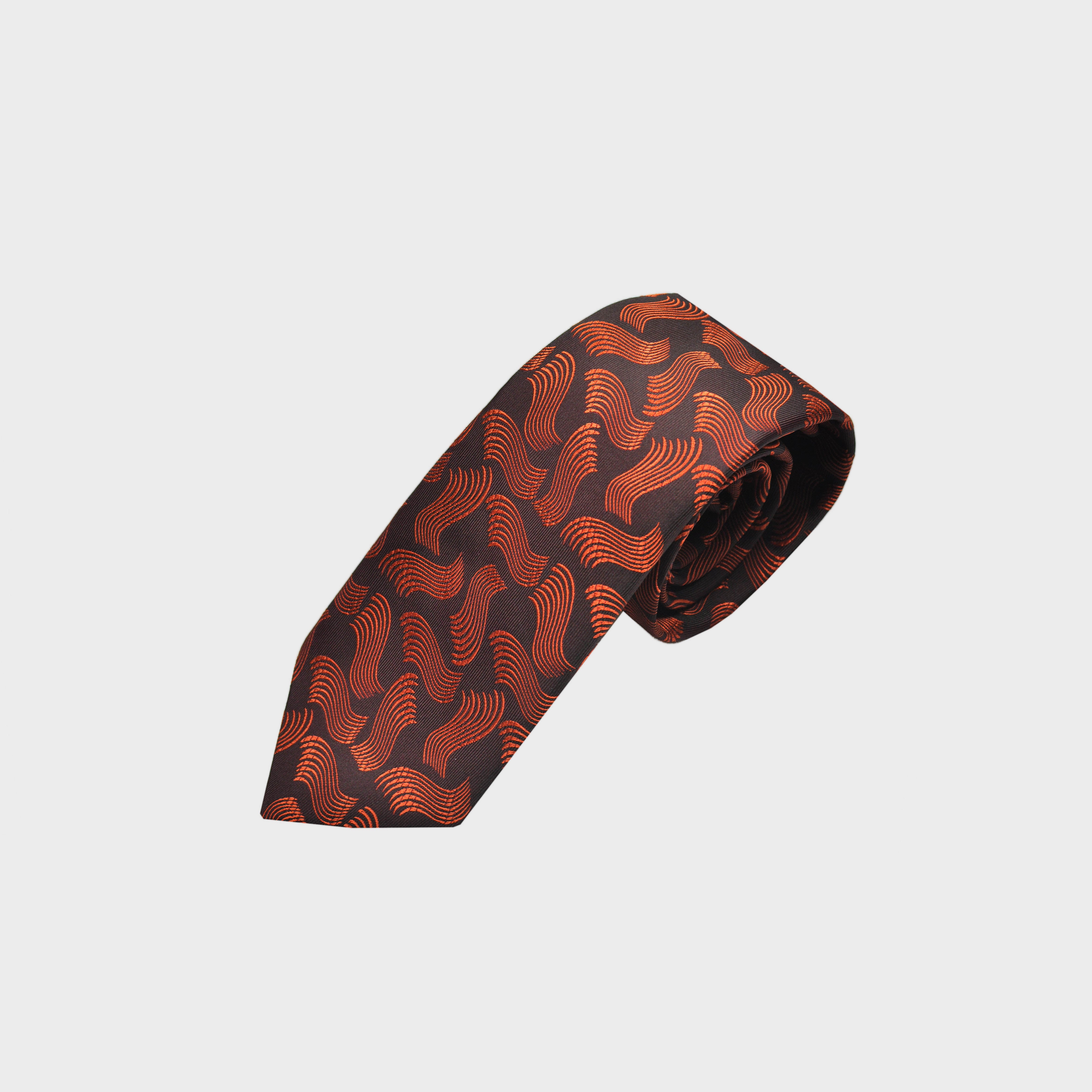 Wavy Geometric Leaves Woven Silk Tie in Rusty Orange