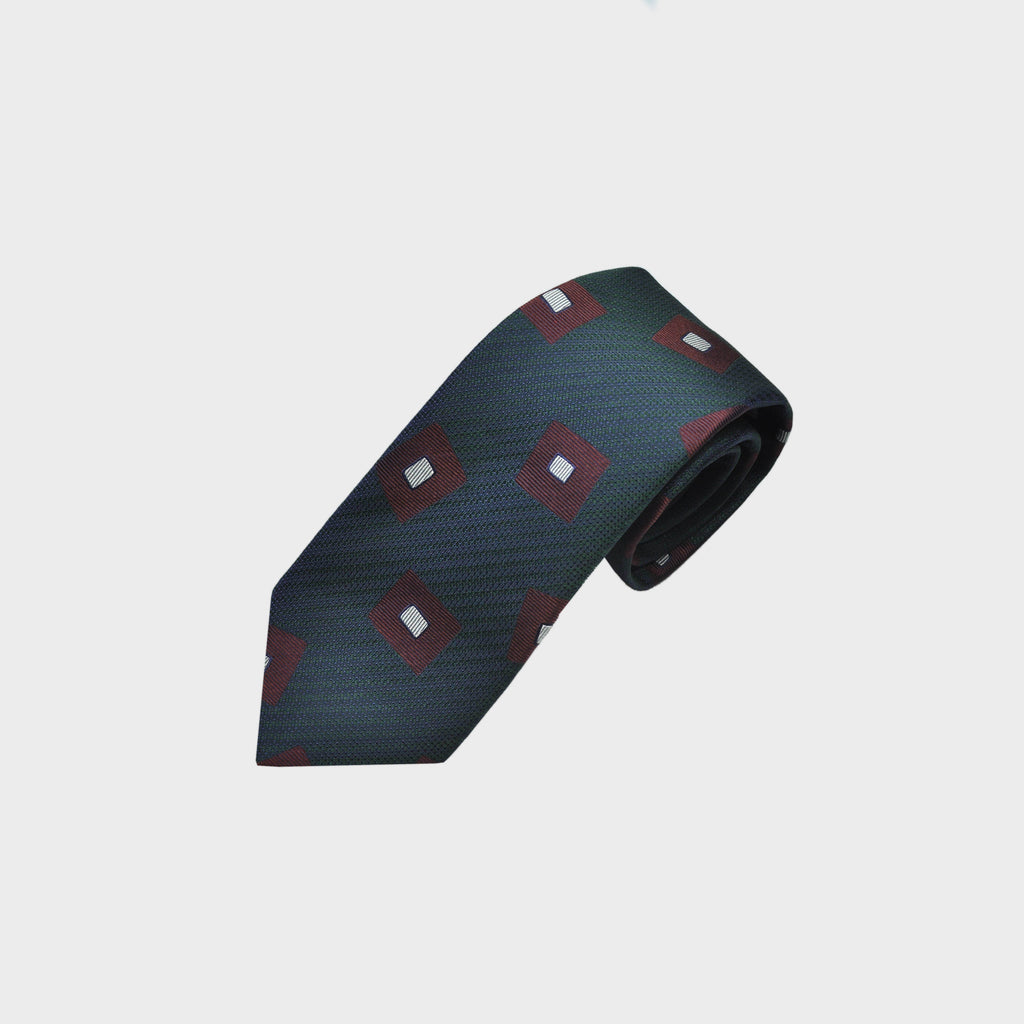 Falling Geometric Squares Woven Silk Tie in Petrol Green & Rusty Brown