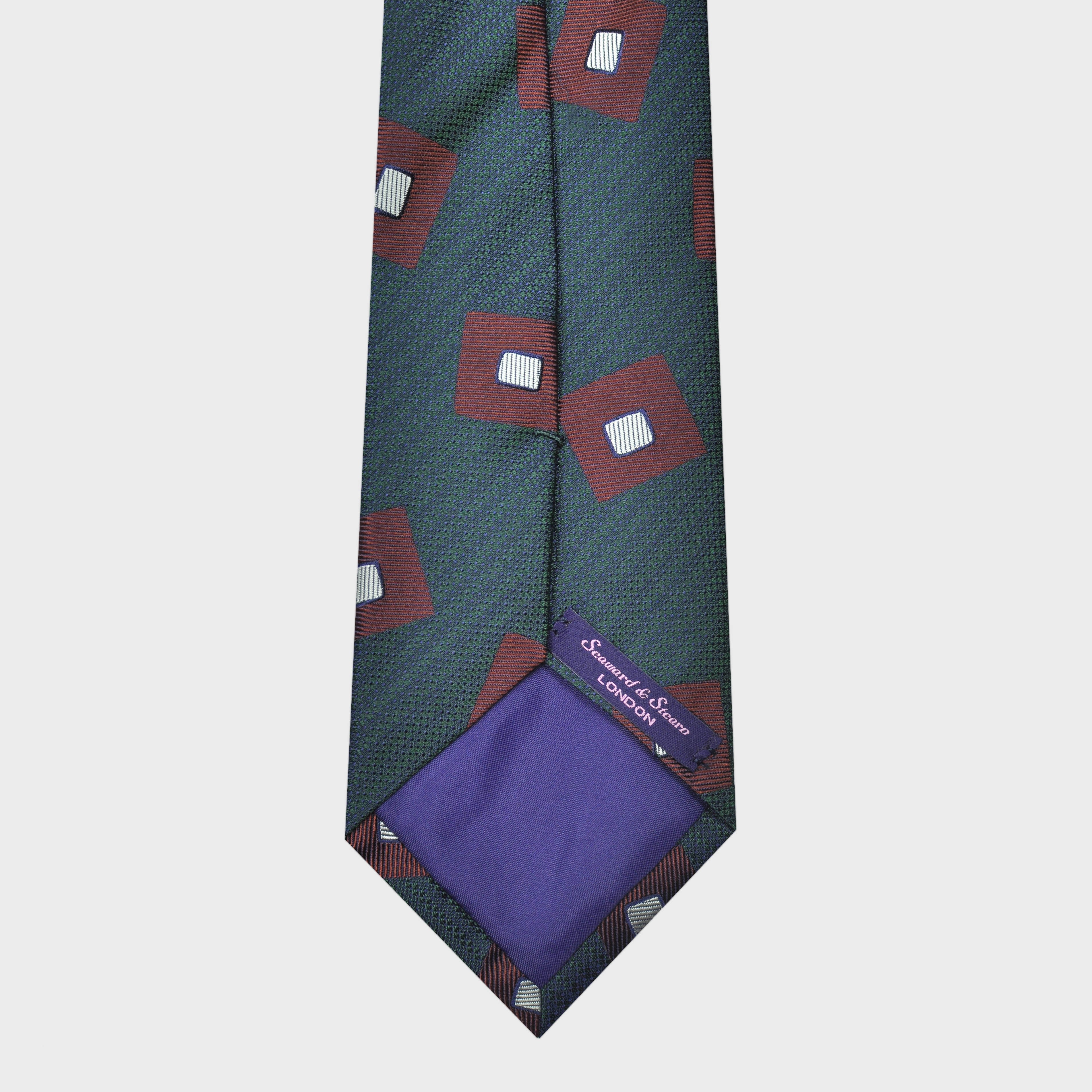 Falling Geometric Squares Woven Silk Tie in Petrol Green & Rusty Brown