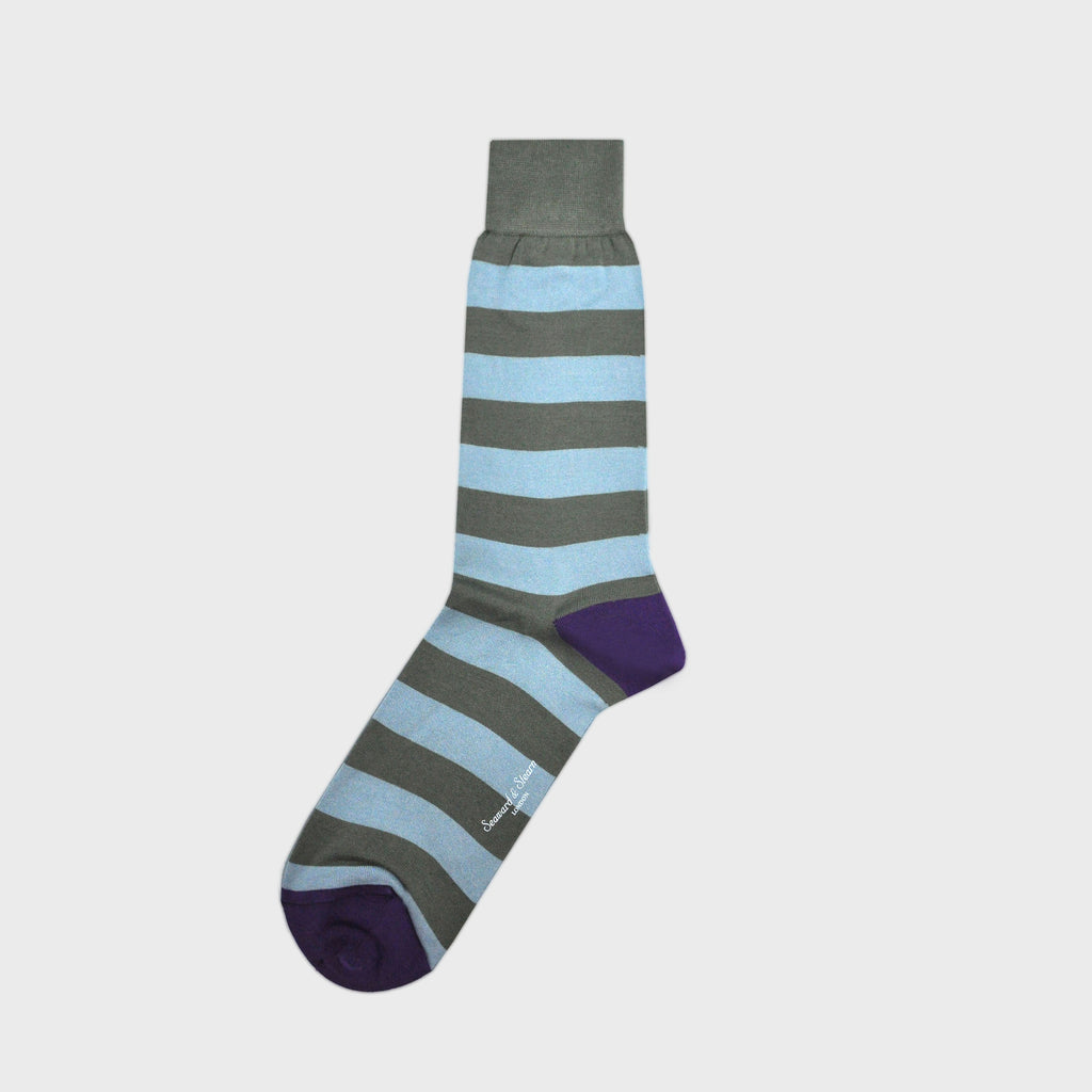 Bands of Stripes Fine Cotton Socks in Light Blue & Olive