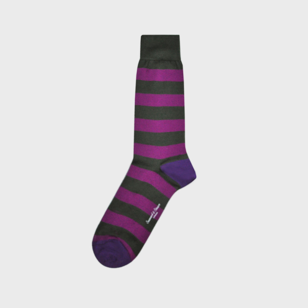 Bands of Stripes Fine Cotton Socks in Olive & Purple