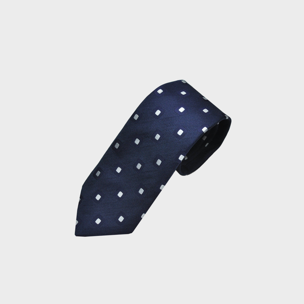 Woven Geometric Squares on a Natte Silk Tie in Navy & White