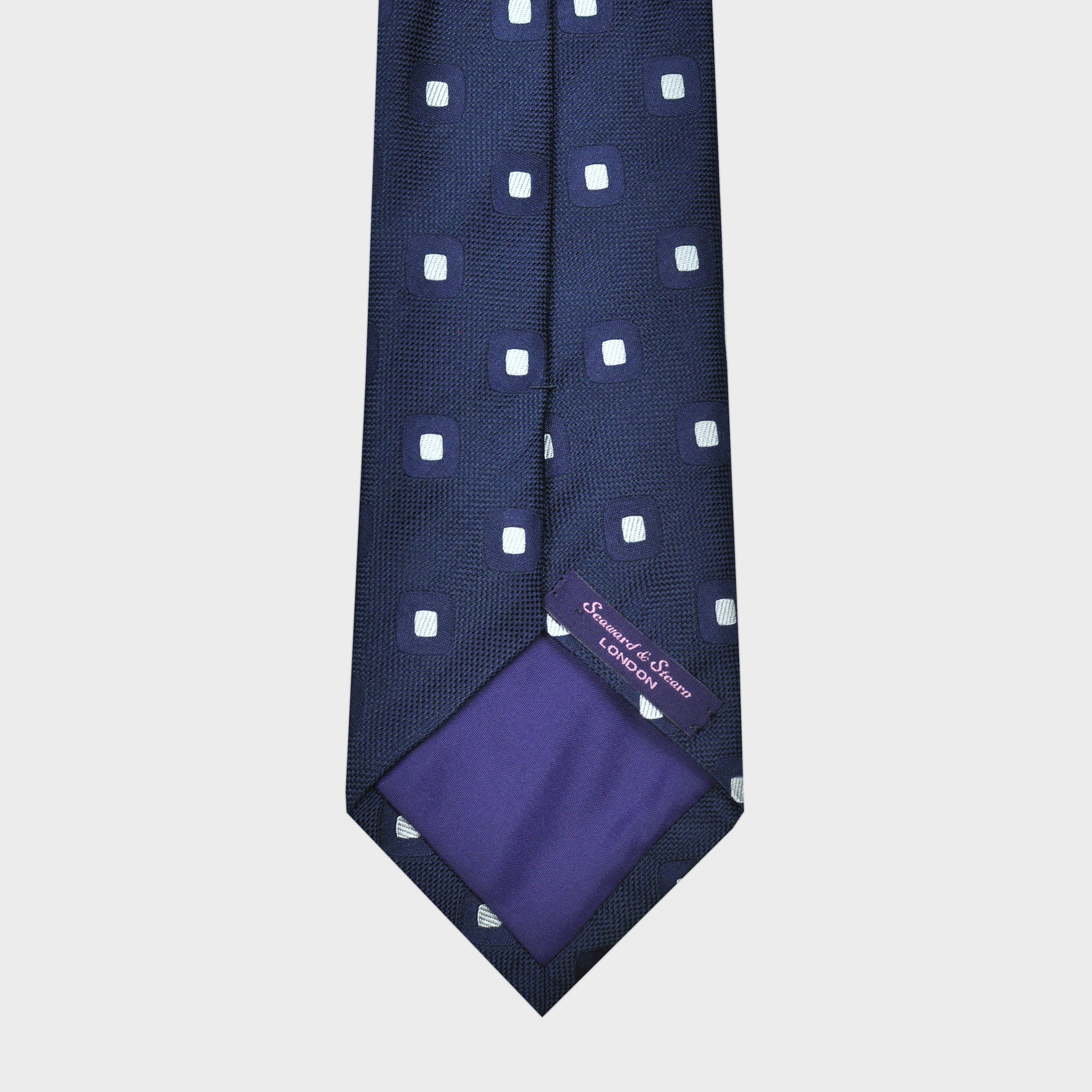 Woven Geometric Squares on a Natte Silk Tie in Navy & White