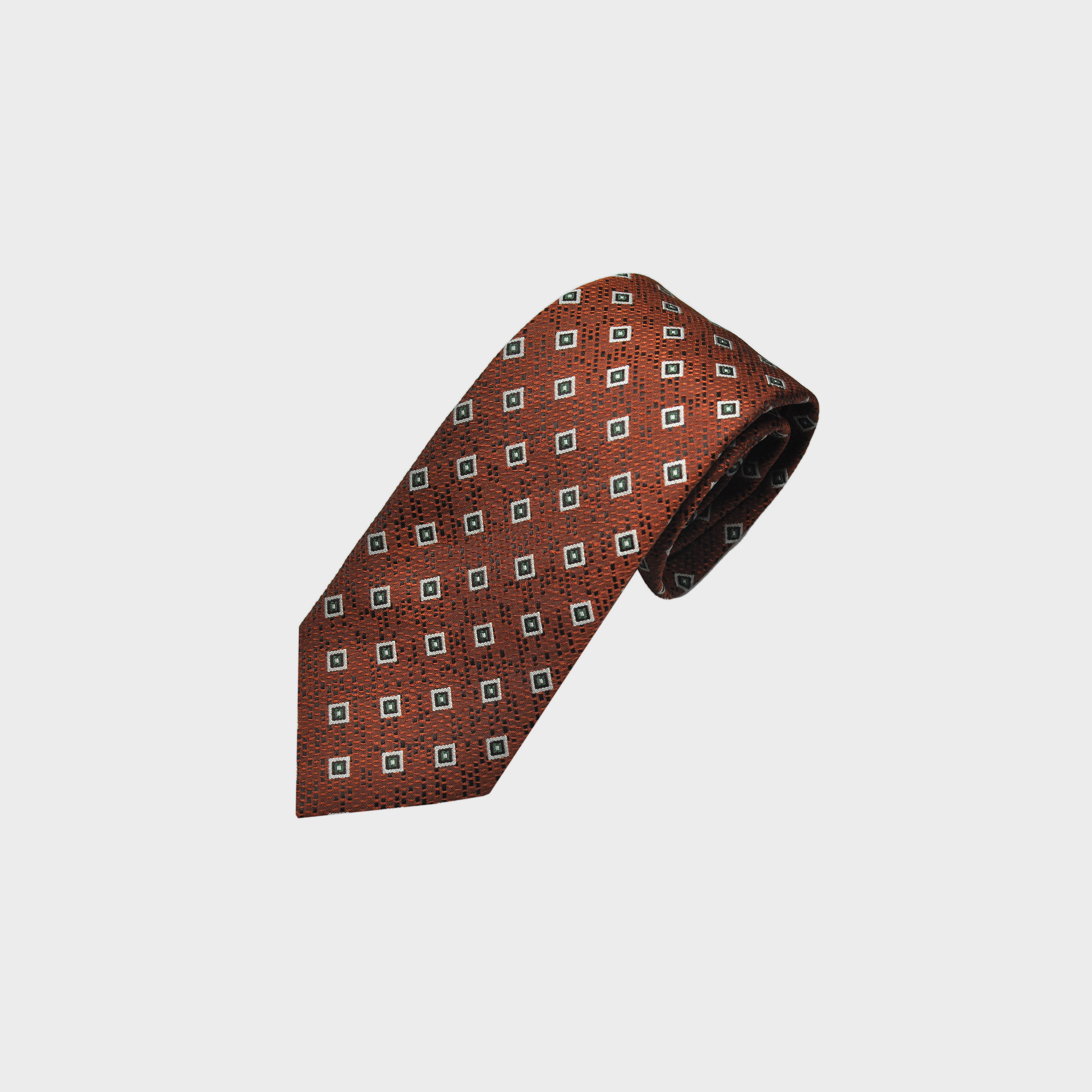 Repeat Little Diamonds on a Natte Tussah Silk Tie in Rusty Orange & Green