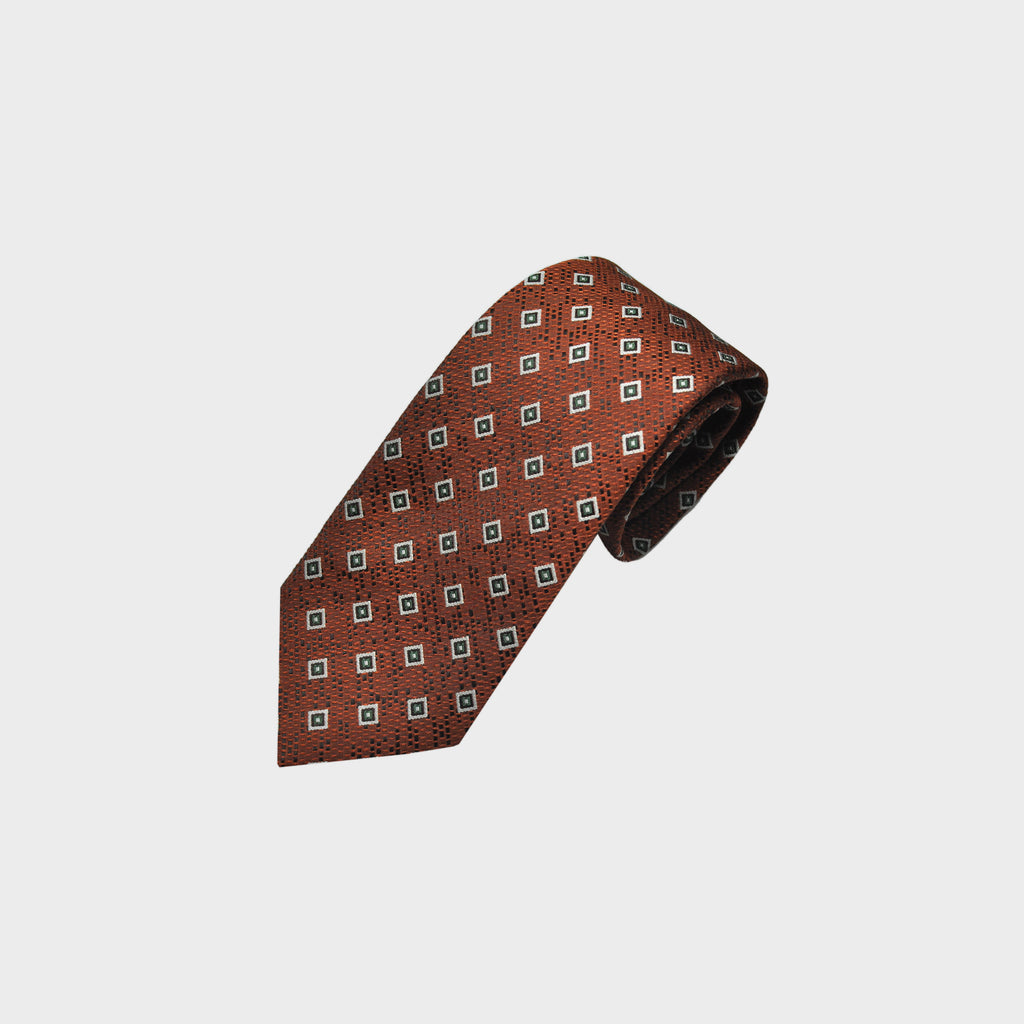 Repeat Little Diamonds on a Natte Tussah Silk Tie in Rusty Orange & Green
