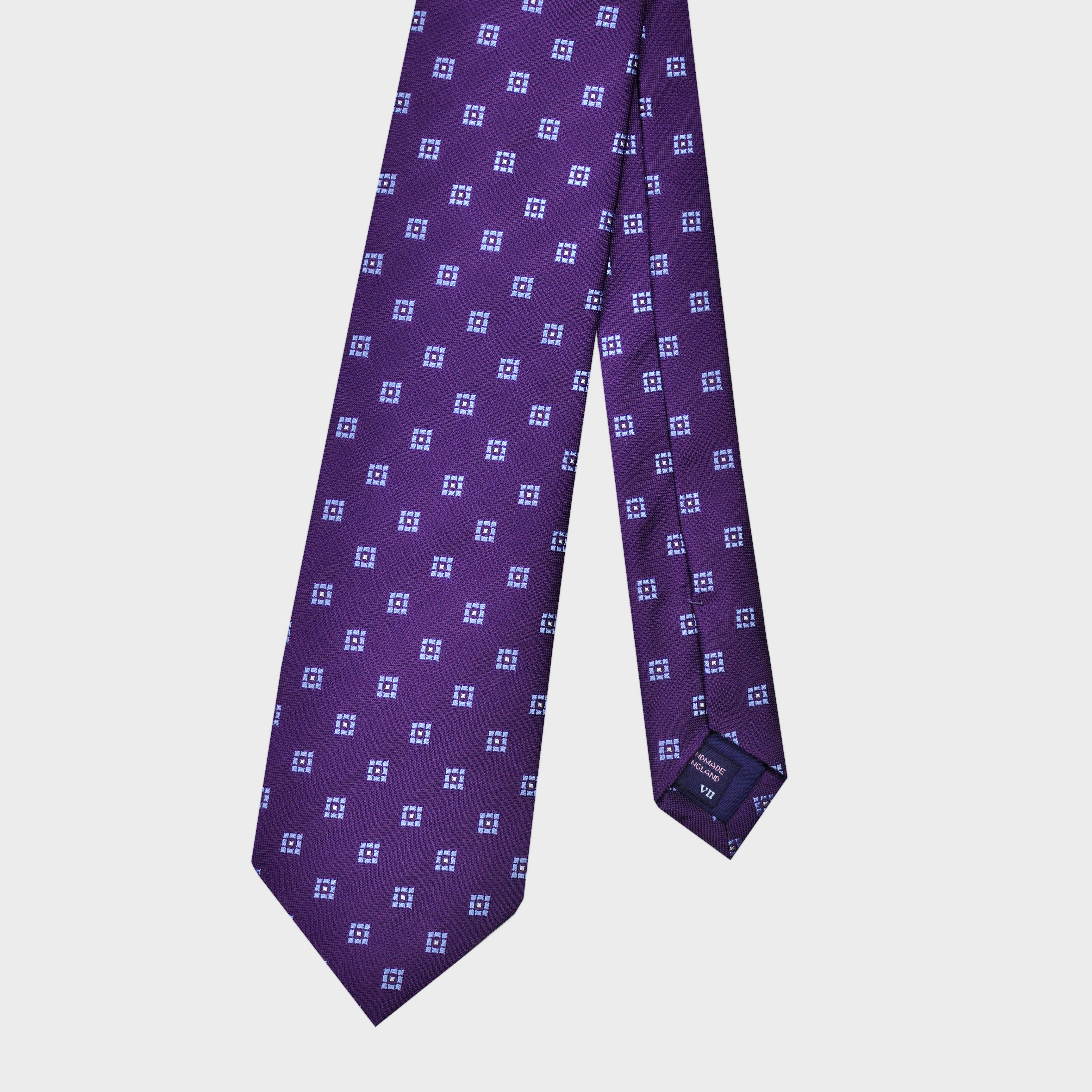 Little Repeat Blue Woven Squares on a Natte Silk Tie in Purple