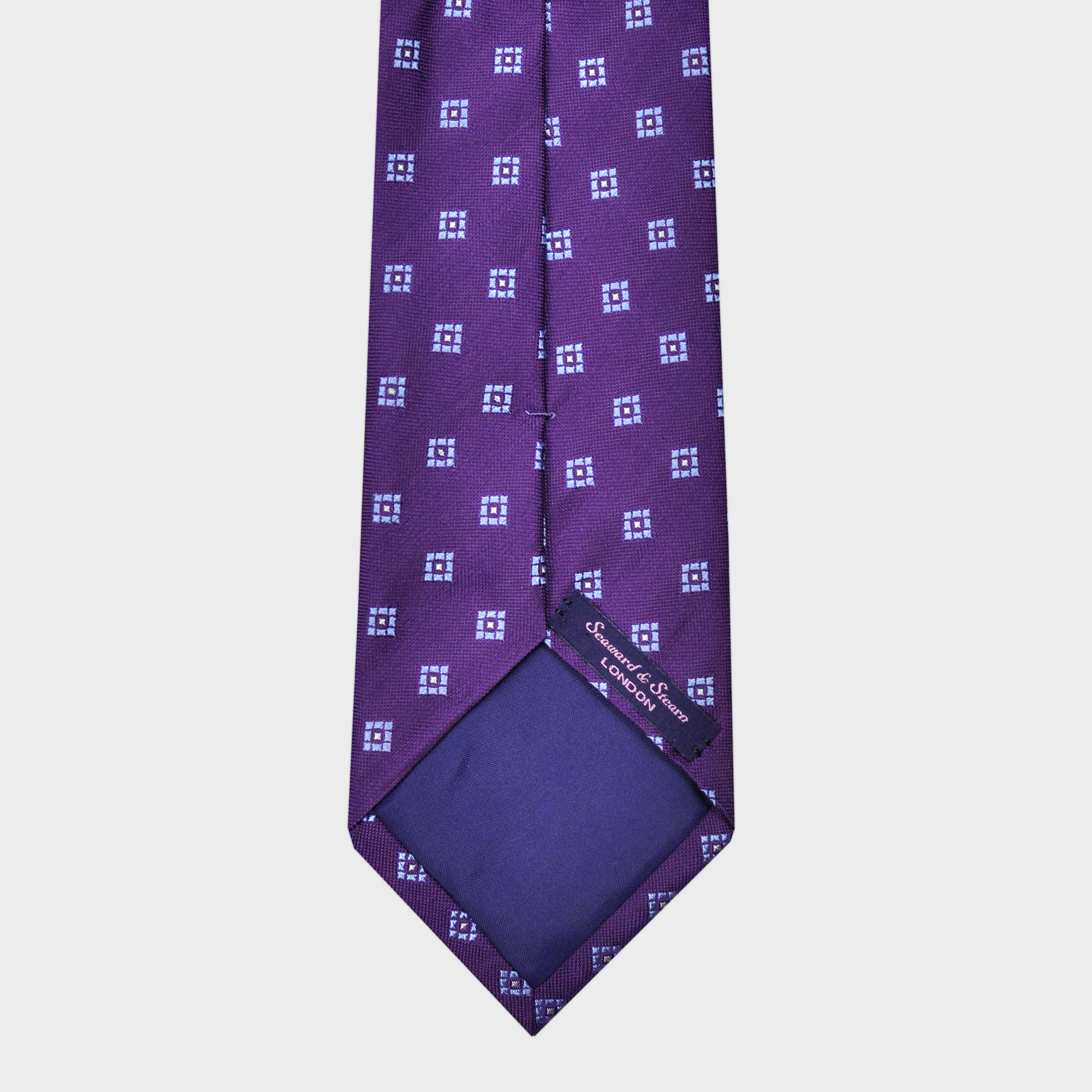 Little Repeat Blue Woven Squares on a Natte Silk Tie in Purple