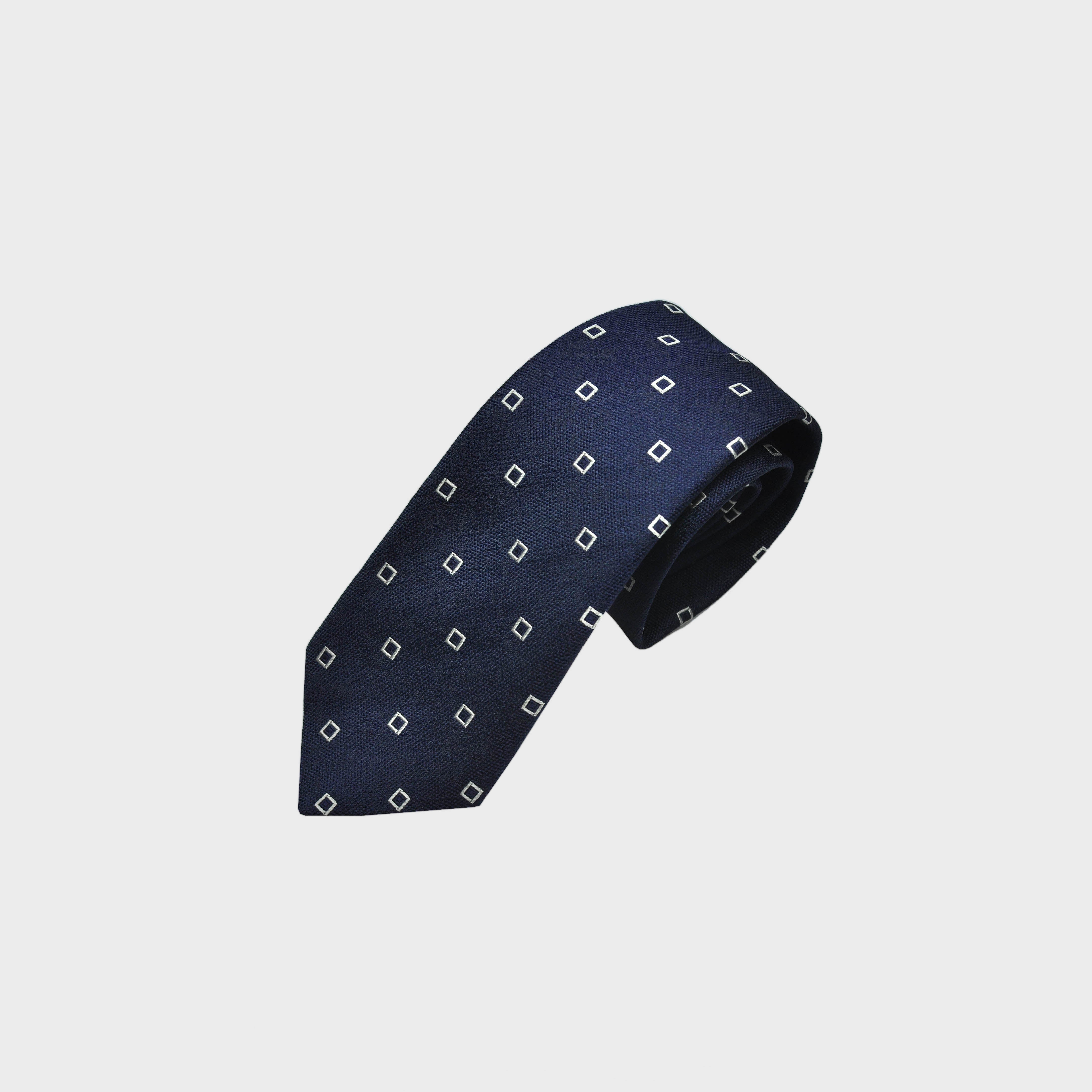 Little Repeat White Woven Squares on a Navy Tussah Silk Tie