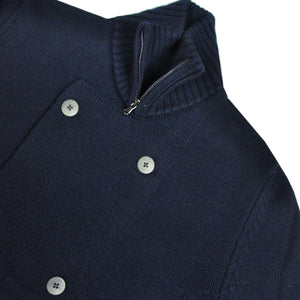 Double Breast Merino Wool Jumper with Zip Collar in Navy Blue