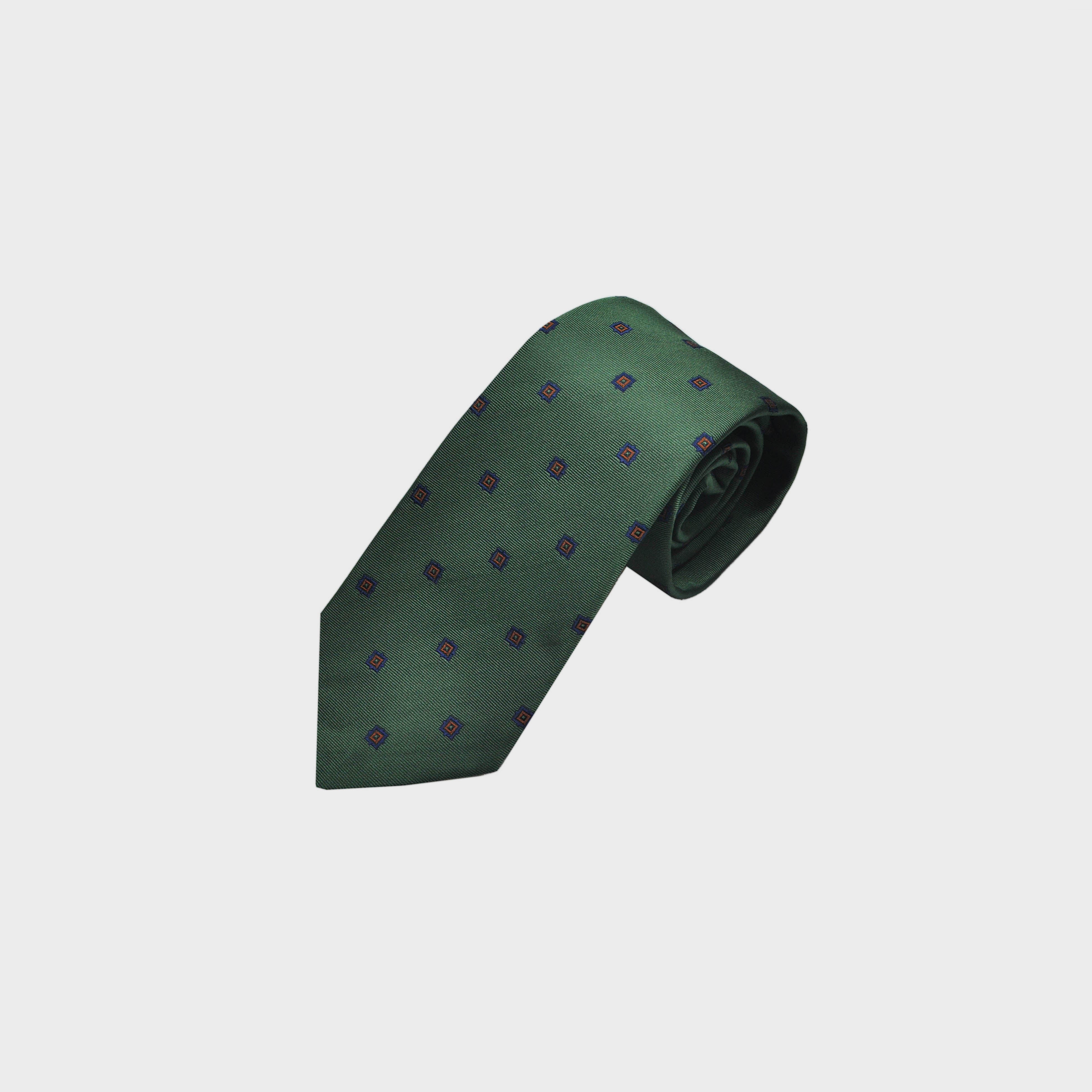 Little Repeat Blue & Brown Woven Squares on a Green Reppe Silk Tie