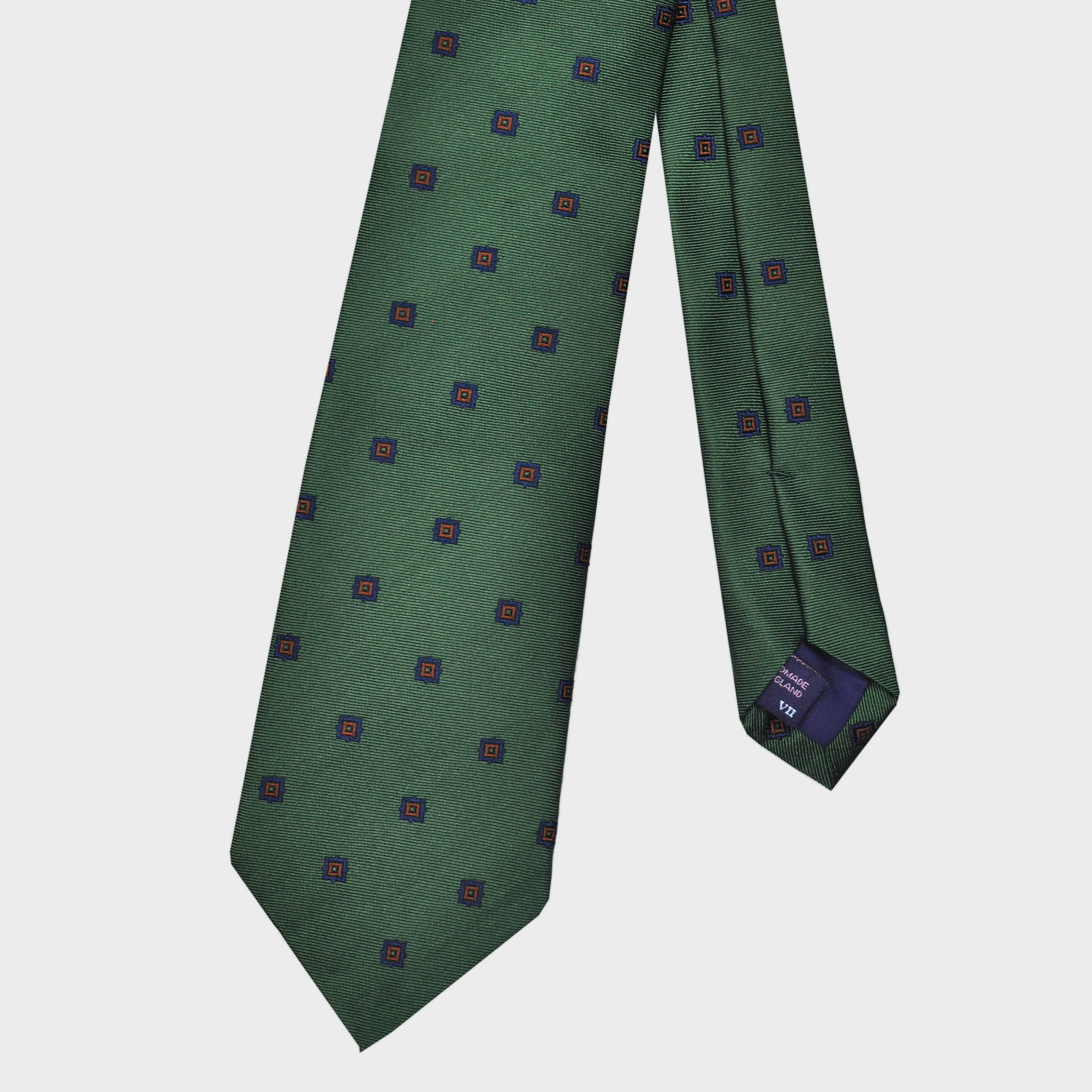 Little Repeat Blue & Brown Woven Squares on a Green Reppe Silk Tie