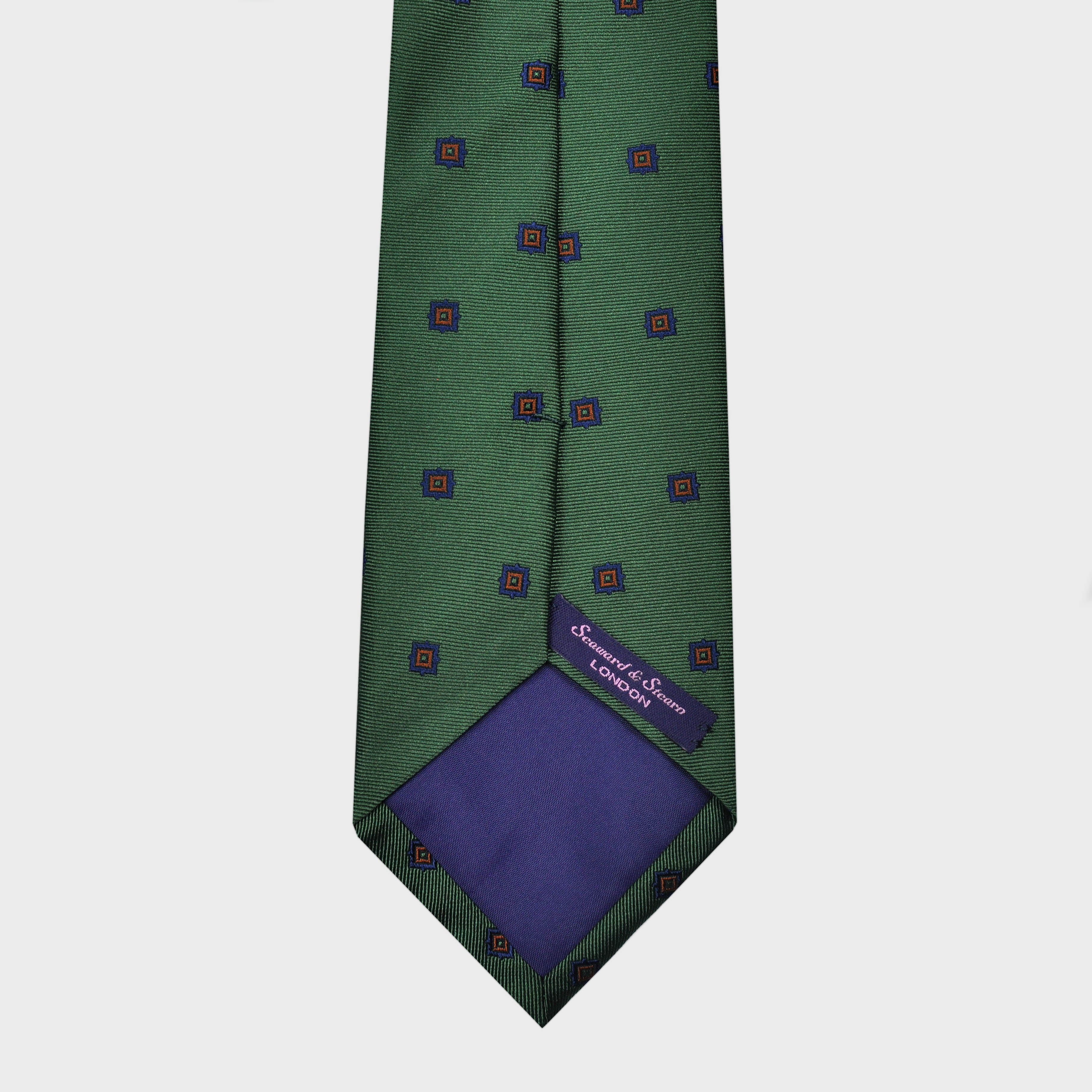 Little Repeat Blue & Brown Woven Squares on a Green Reppe Silk Tie