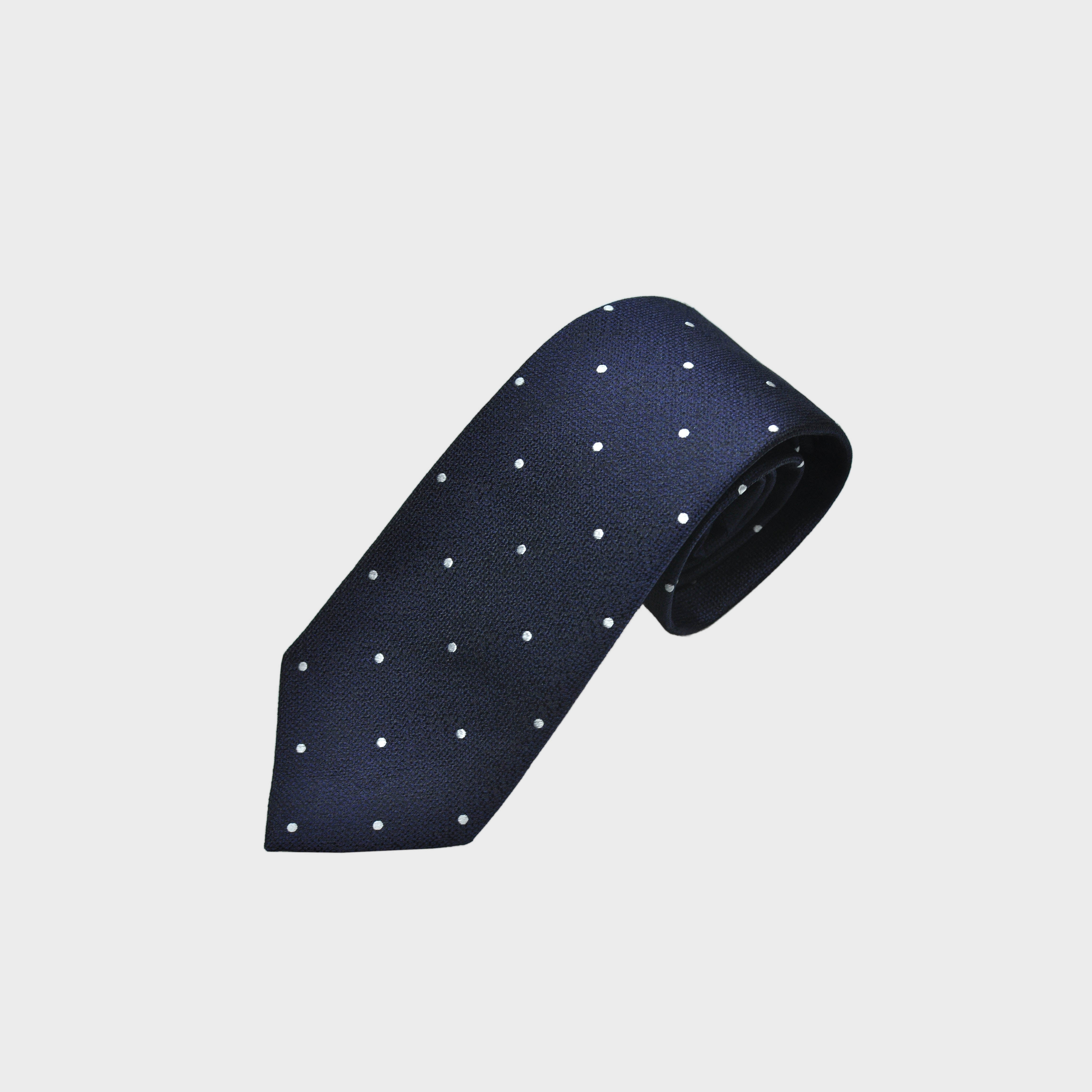 White Dots on Natte Weave Silk Tie in Navy