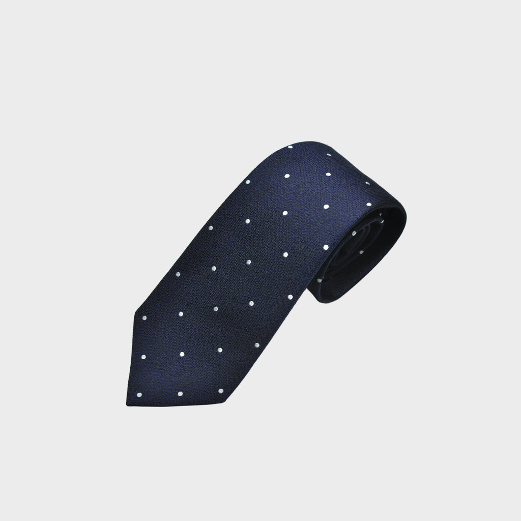 White Dots on Natte Weave Silk Tie in Navy