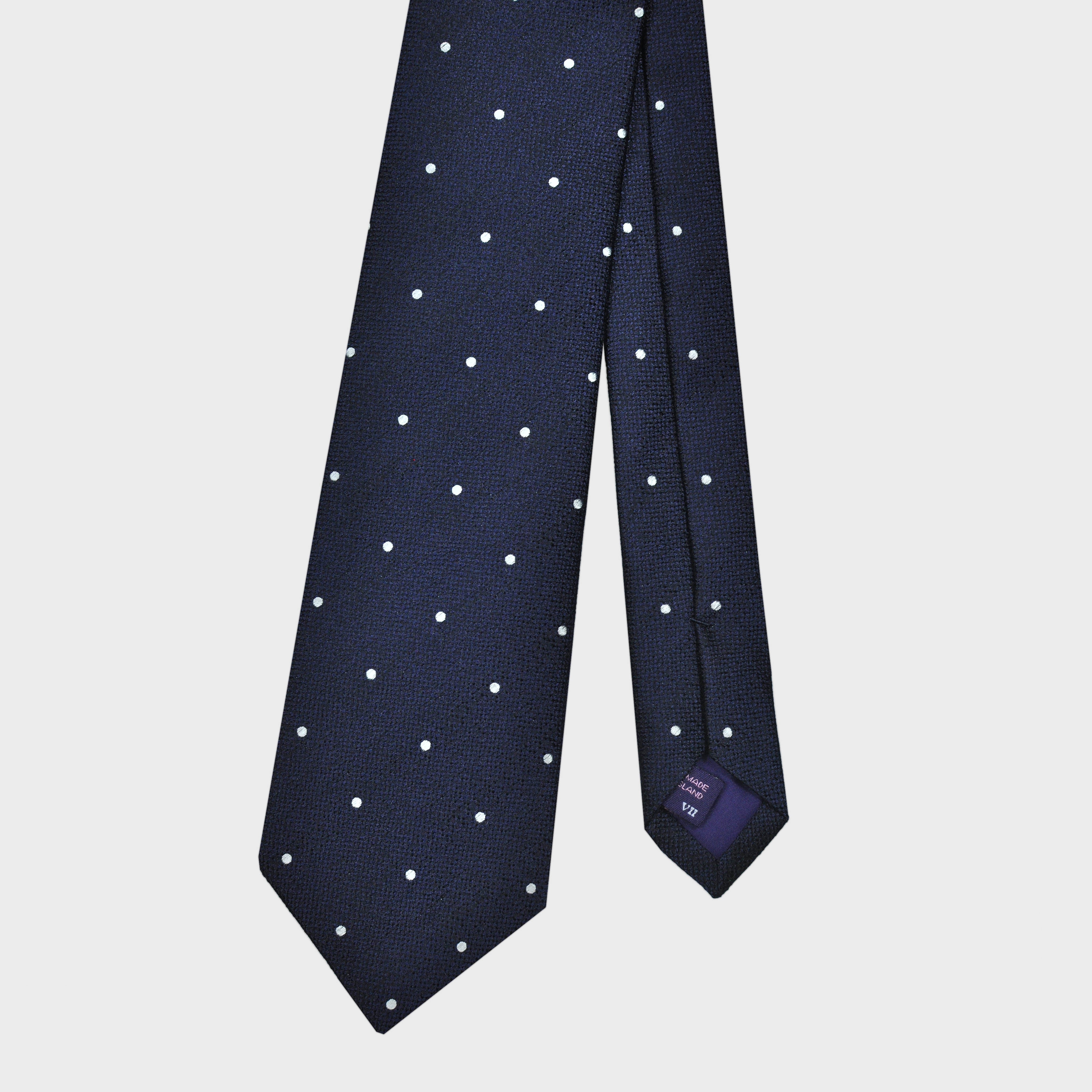 White Dots on Natte Weave Silk Tie in Navy