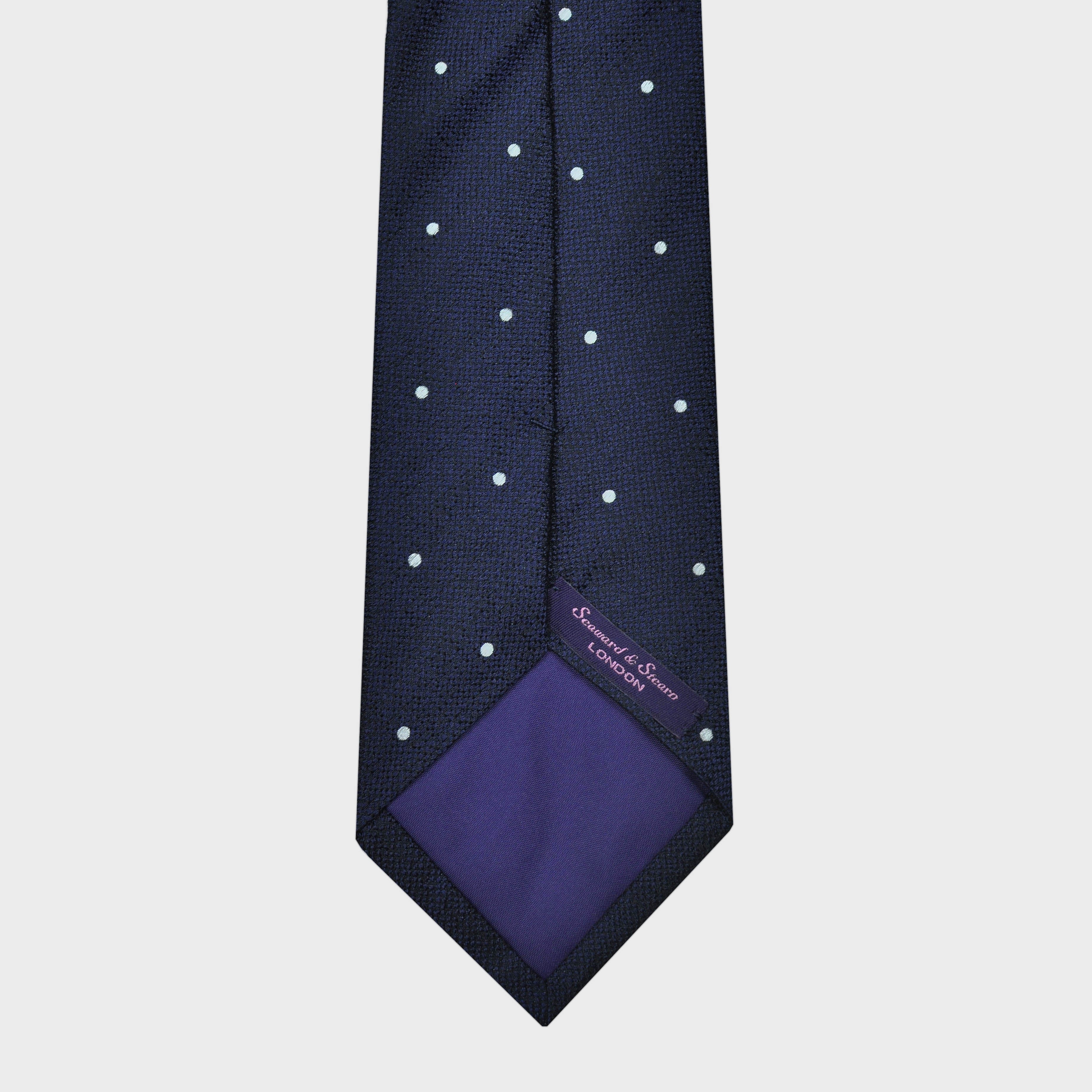 White Dots on Natte Weave Silk Tie in Navy