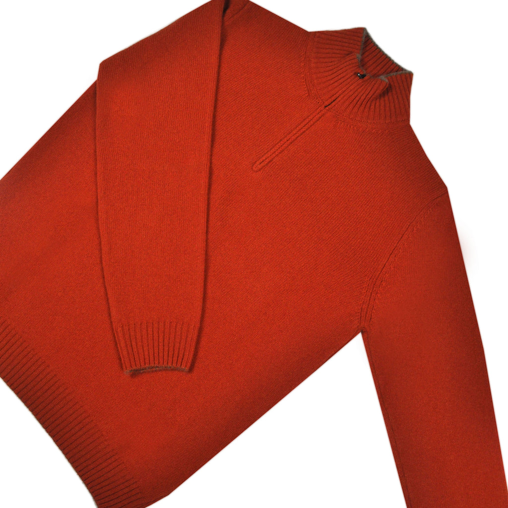 Merino Wool Quarter Zip Jumper in Rusty Orange with Bieige Trim