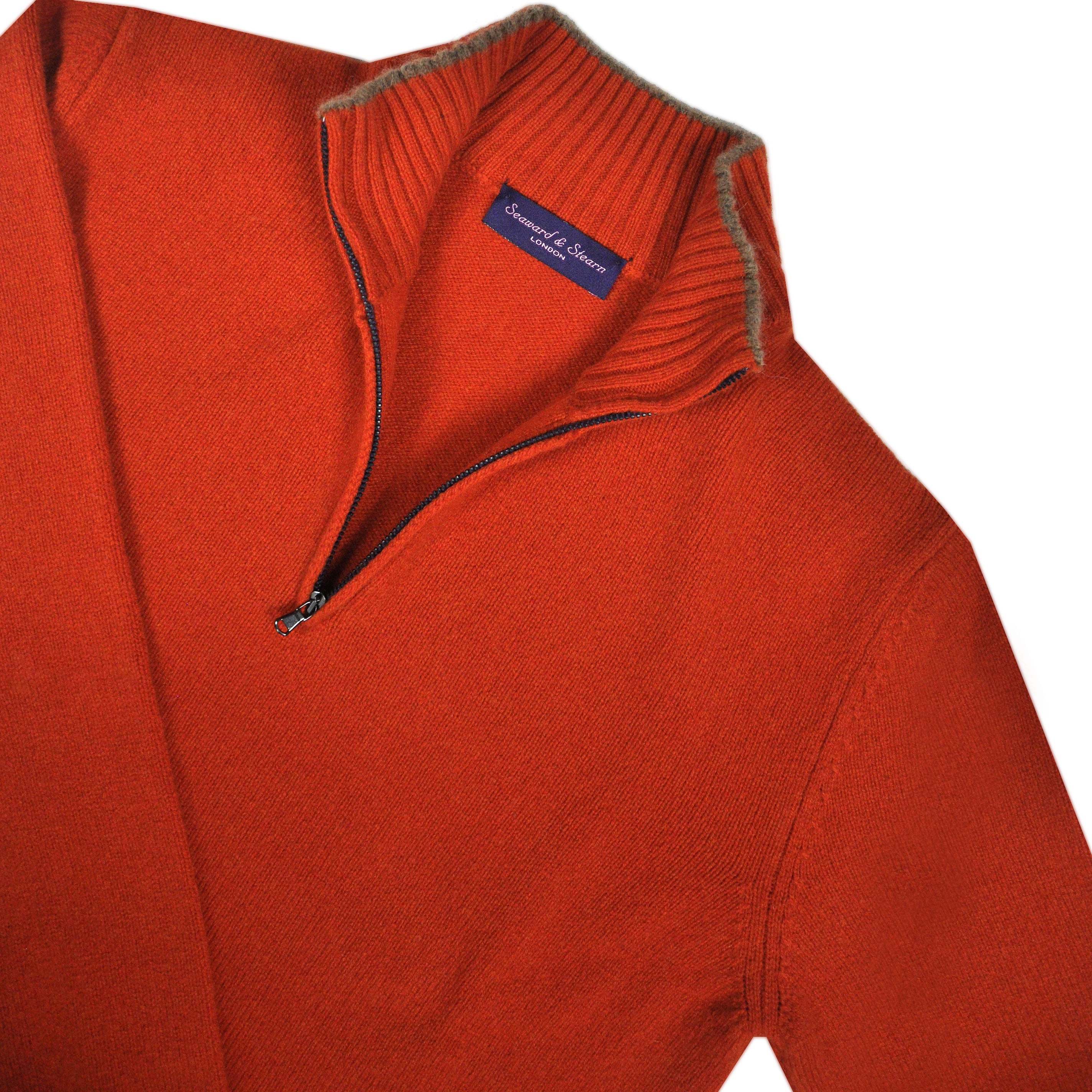 Merino Wool Quarter Zip Jumper in Rusty Orange with Bieige Trim