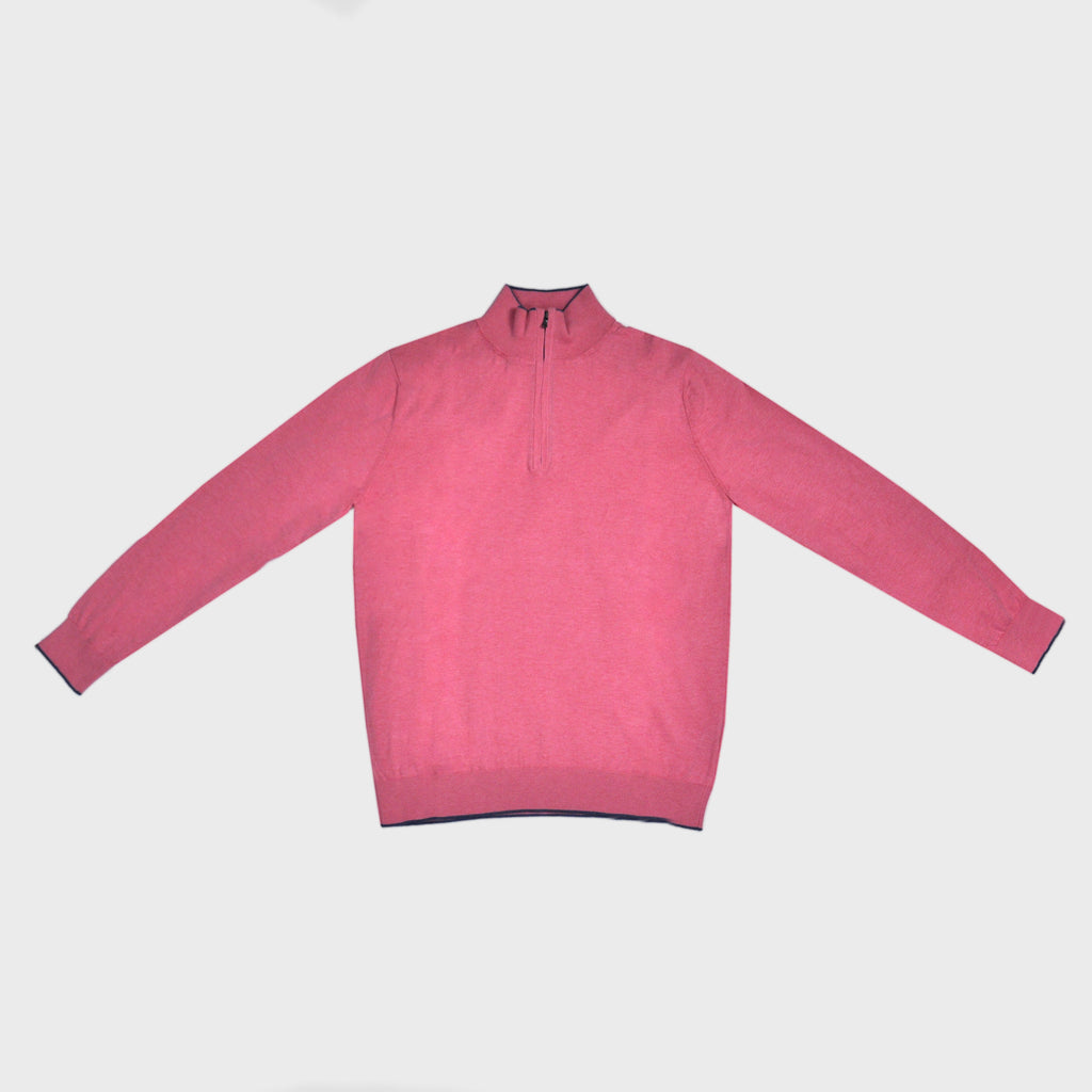 Fine Cotton Quarter Zip Collar in Pink with Navy Trim