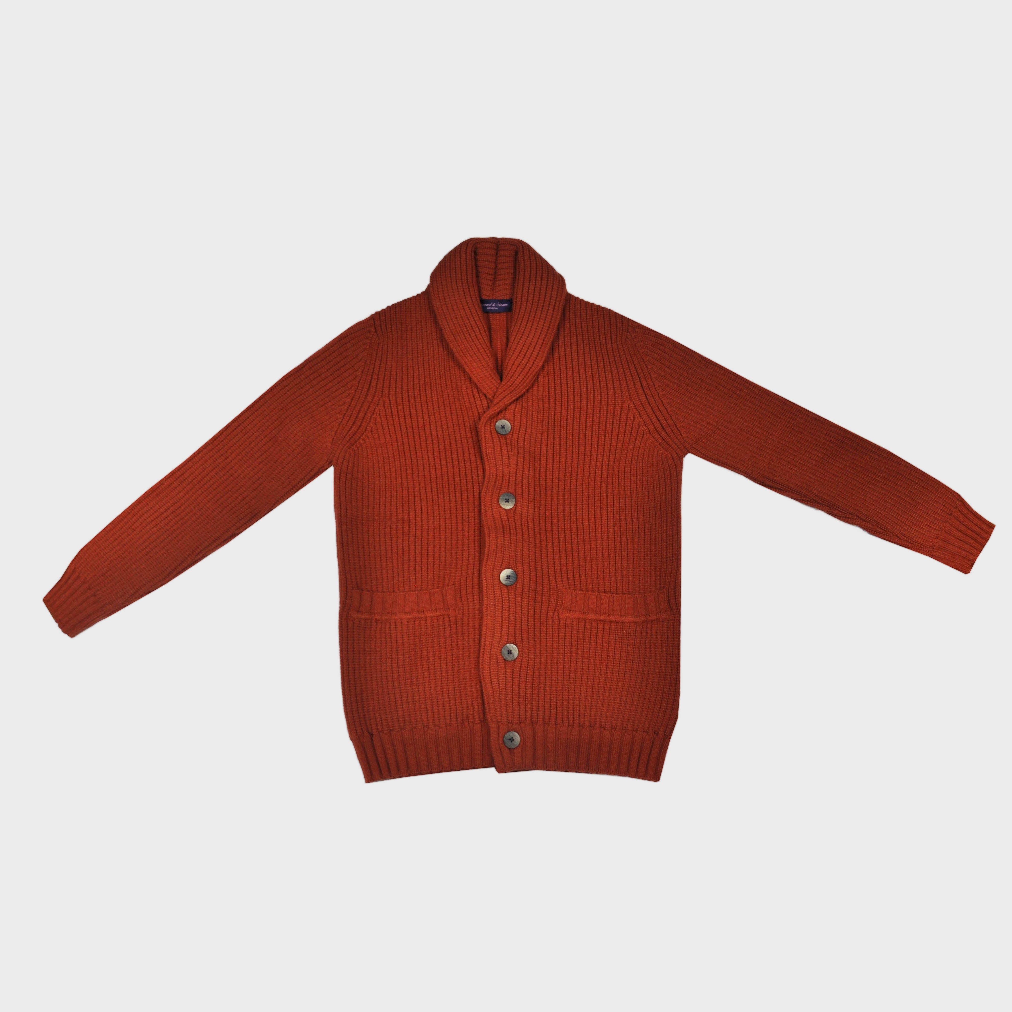 Chunky Heavy Weight Shawl Collar Merino Wool Cardigan in Rusty Orange