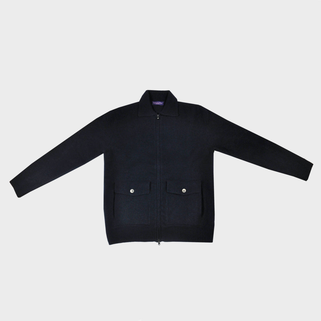 Wool Bomber Zip Cardigan in Deep Navy