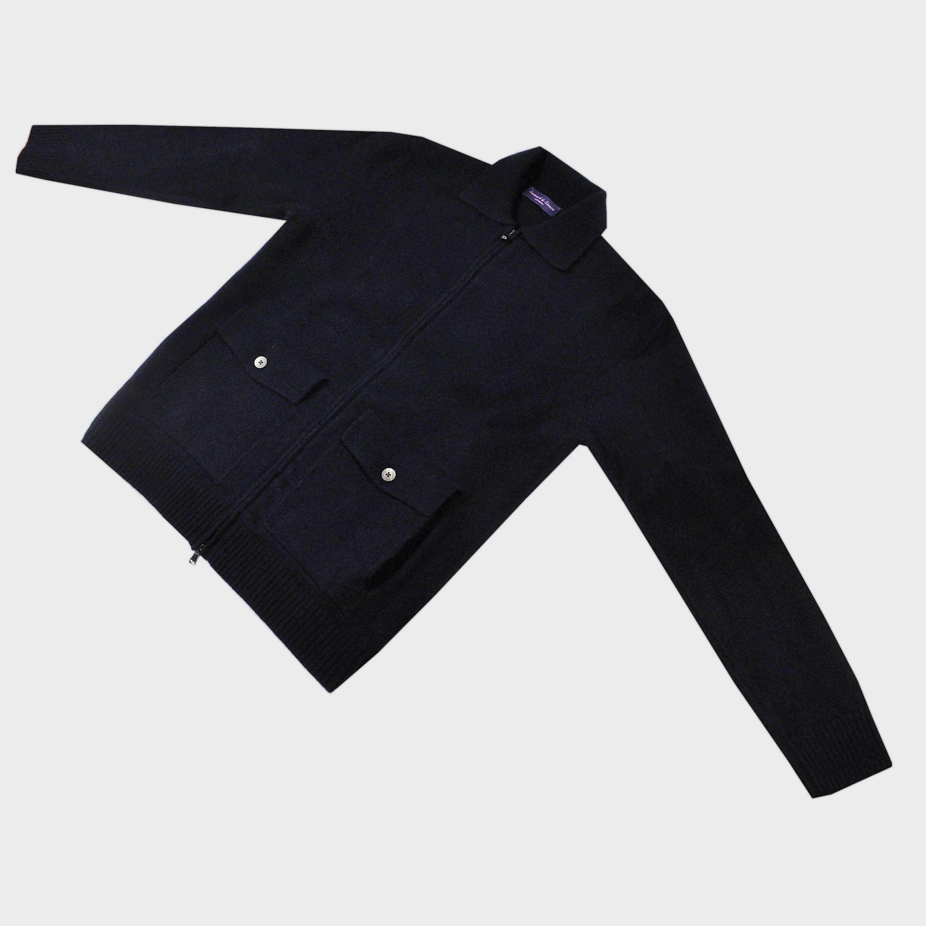 Wool Bomber Zip Cardigan in Deep Navy