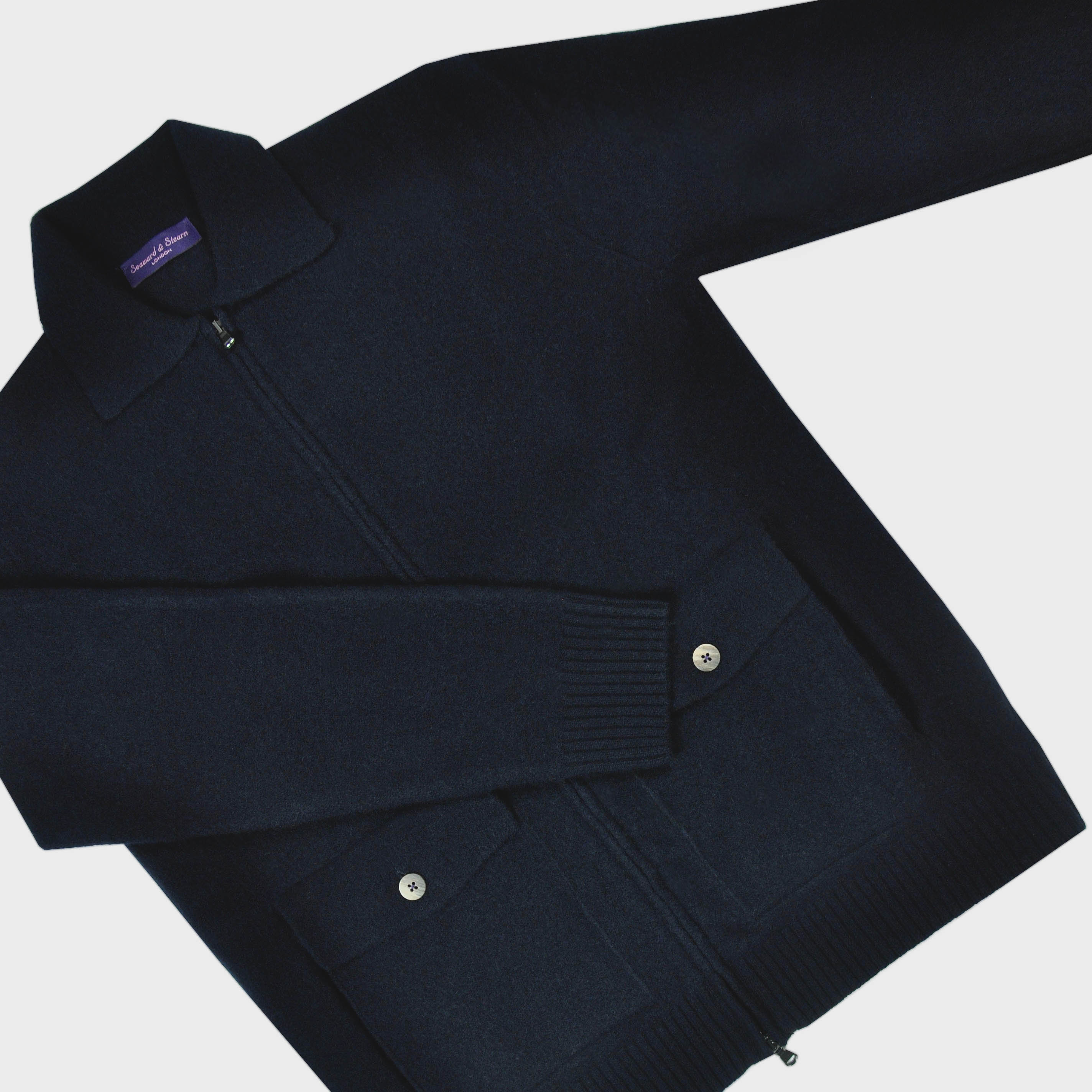 Wool Bomber Zip Cardigan in Deep Navy