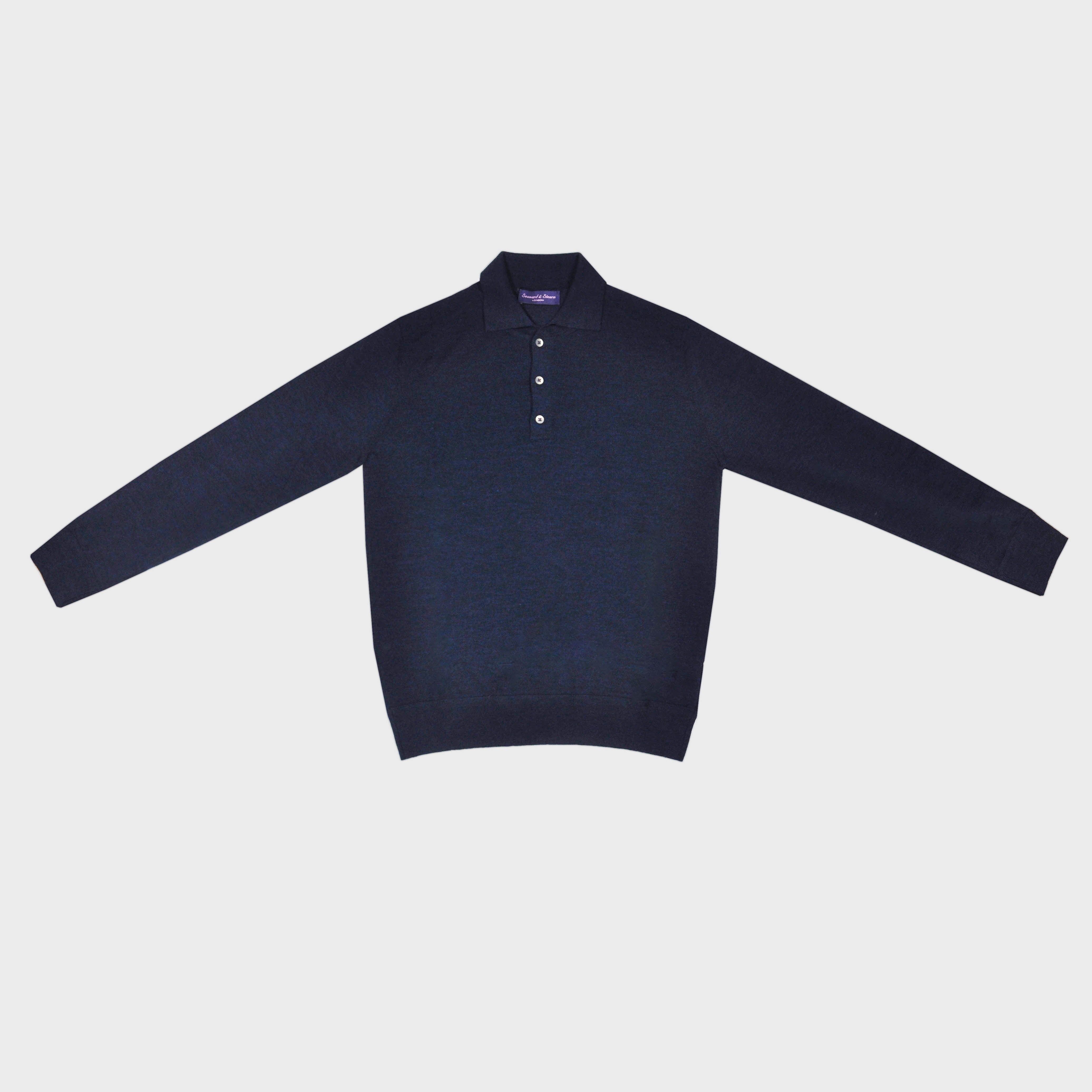 Super Fine Merino Wool Long Sleeve Polo in Deep Navy