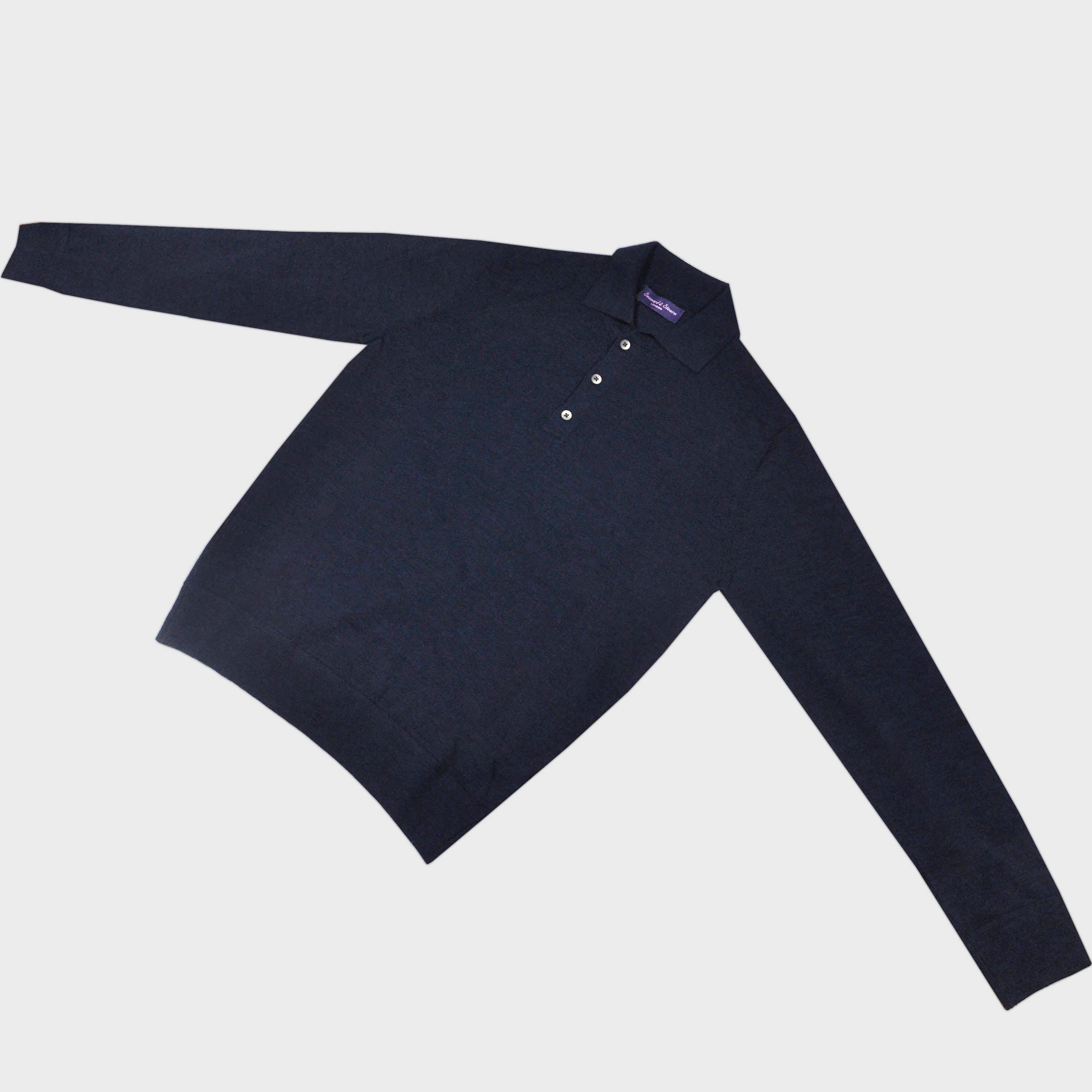 Super Fine Merino Wool Long Sleeve Polo in Deep Navy