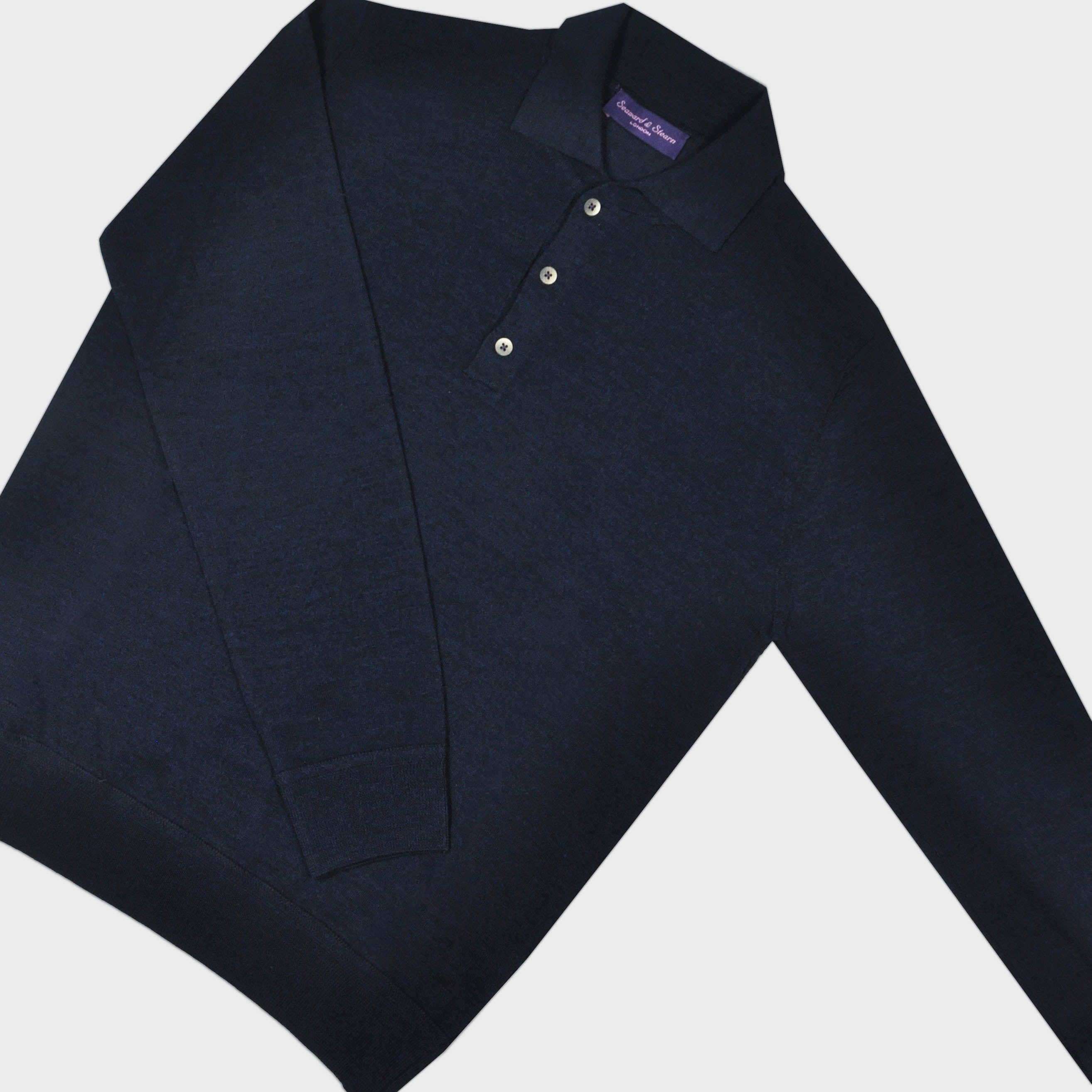 Super Fine Merino Wool Long Sleeve Polo in Deep Navy