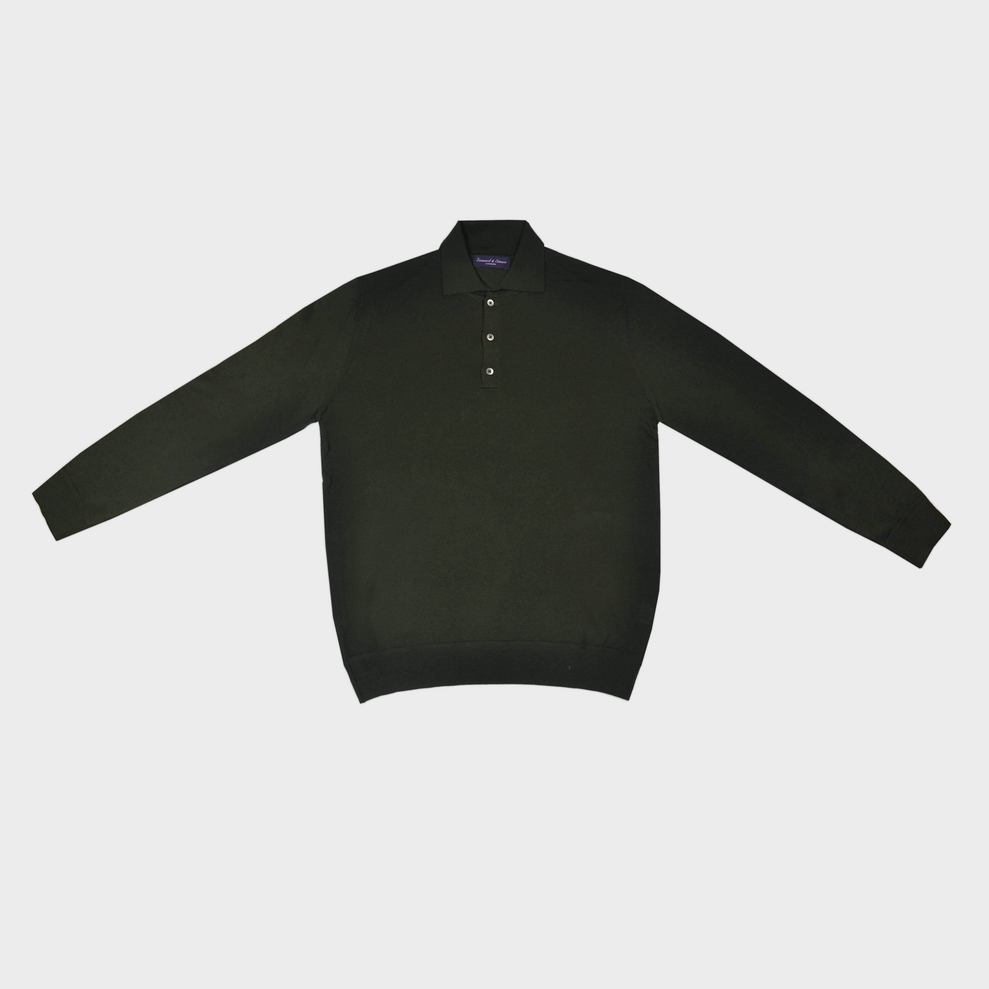 Super Fine Merino Wool Long Sleeve Polo in Bottle Green
