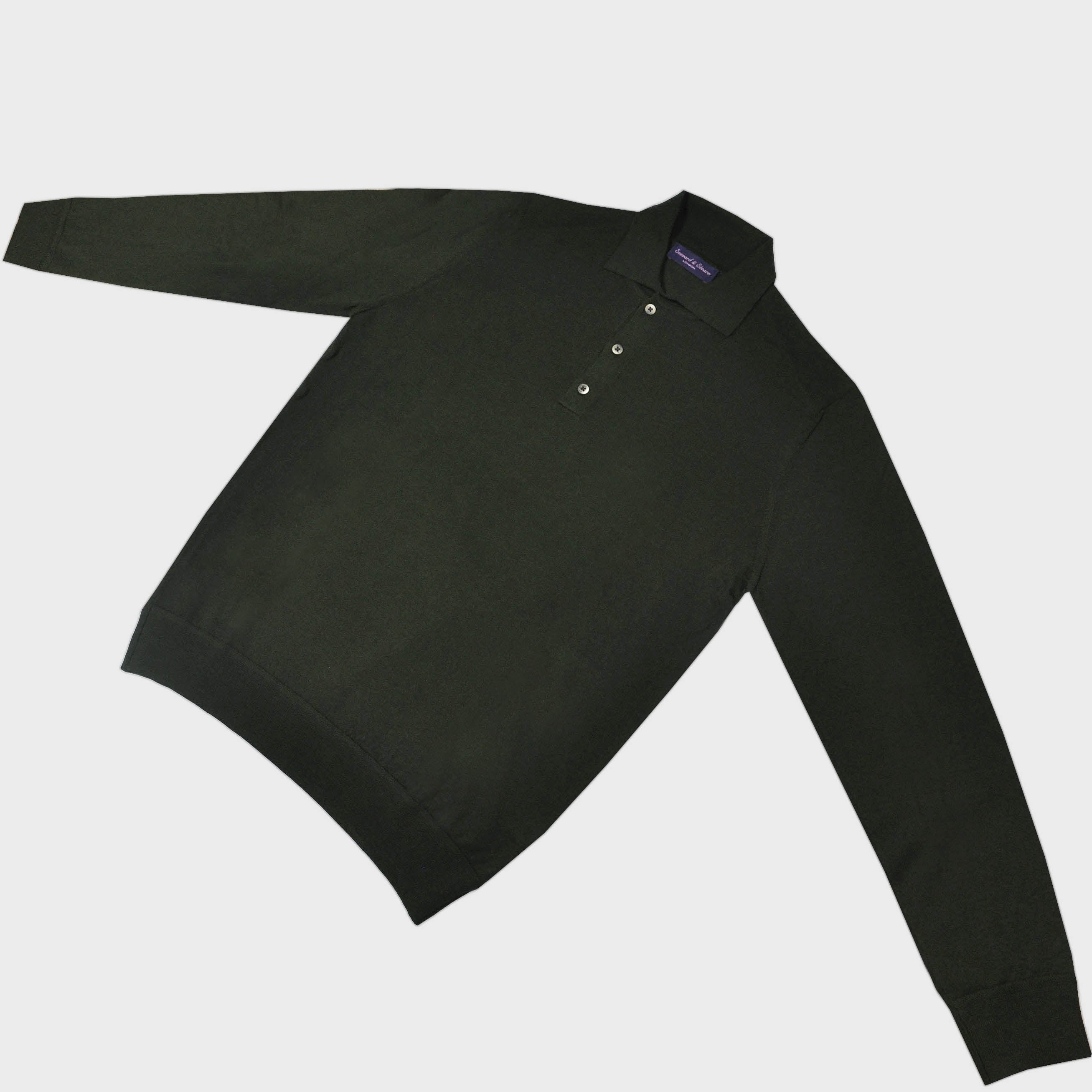 Super Fine Merino Wool Long Sleeve Polo in Bottle Green