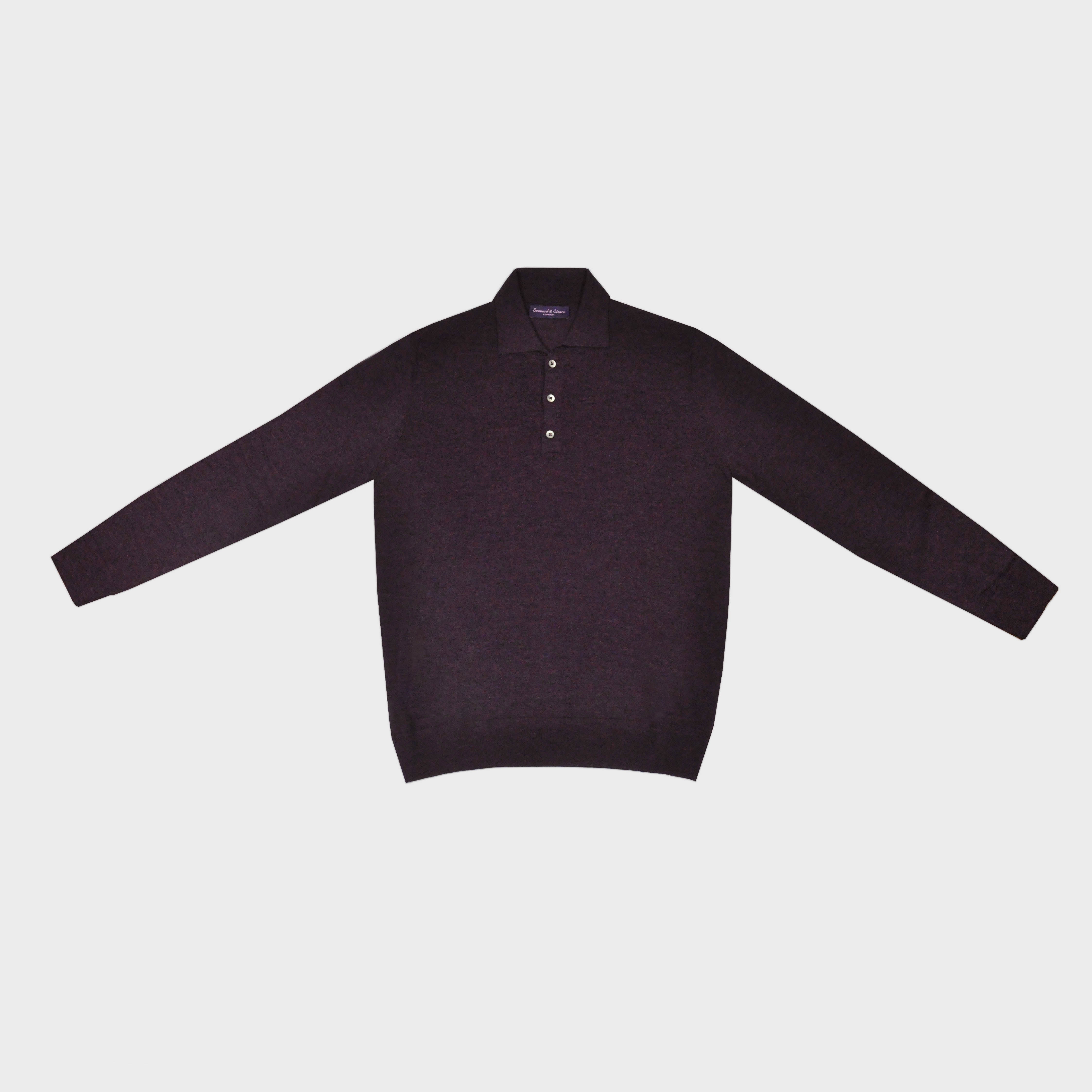 Super Fine Merino Wool Long Sleeve Polo in Claret