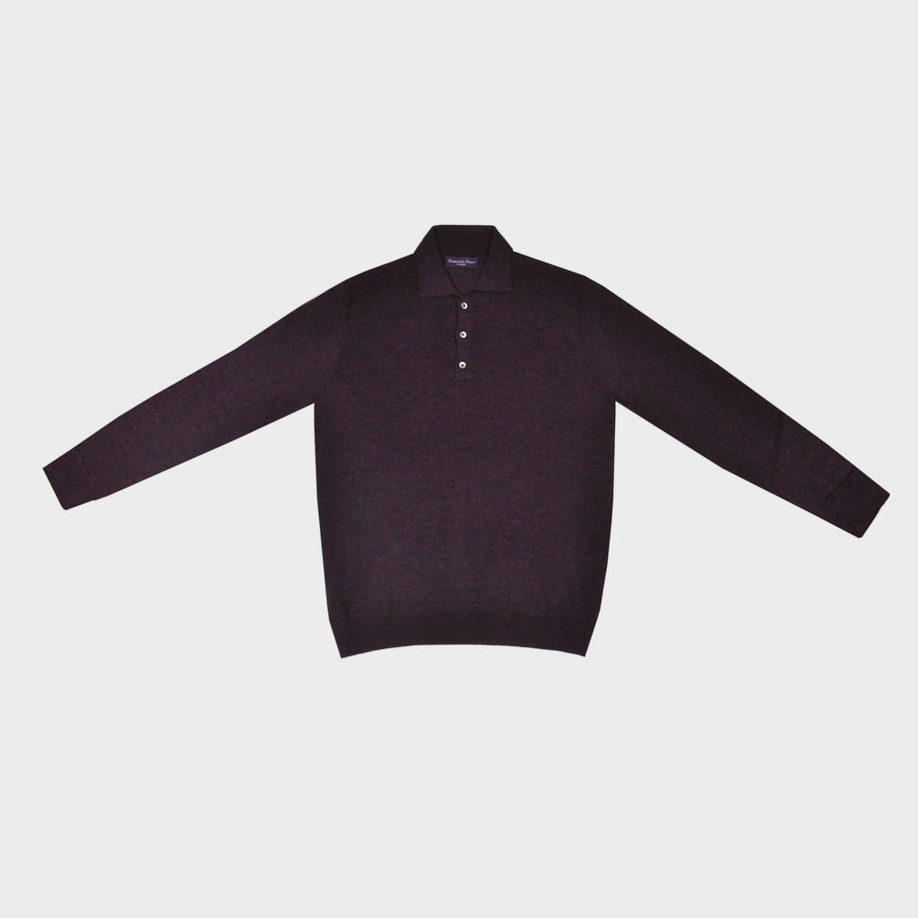 Super Fine Merino Wool Long Sleeve Polo in Claret